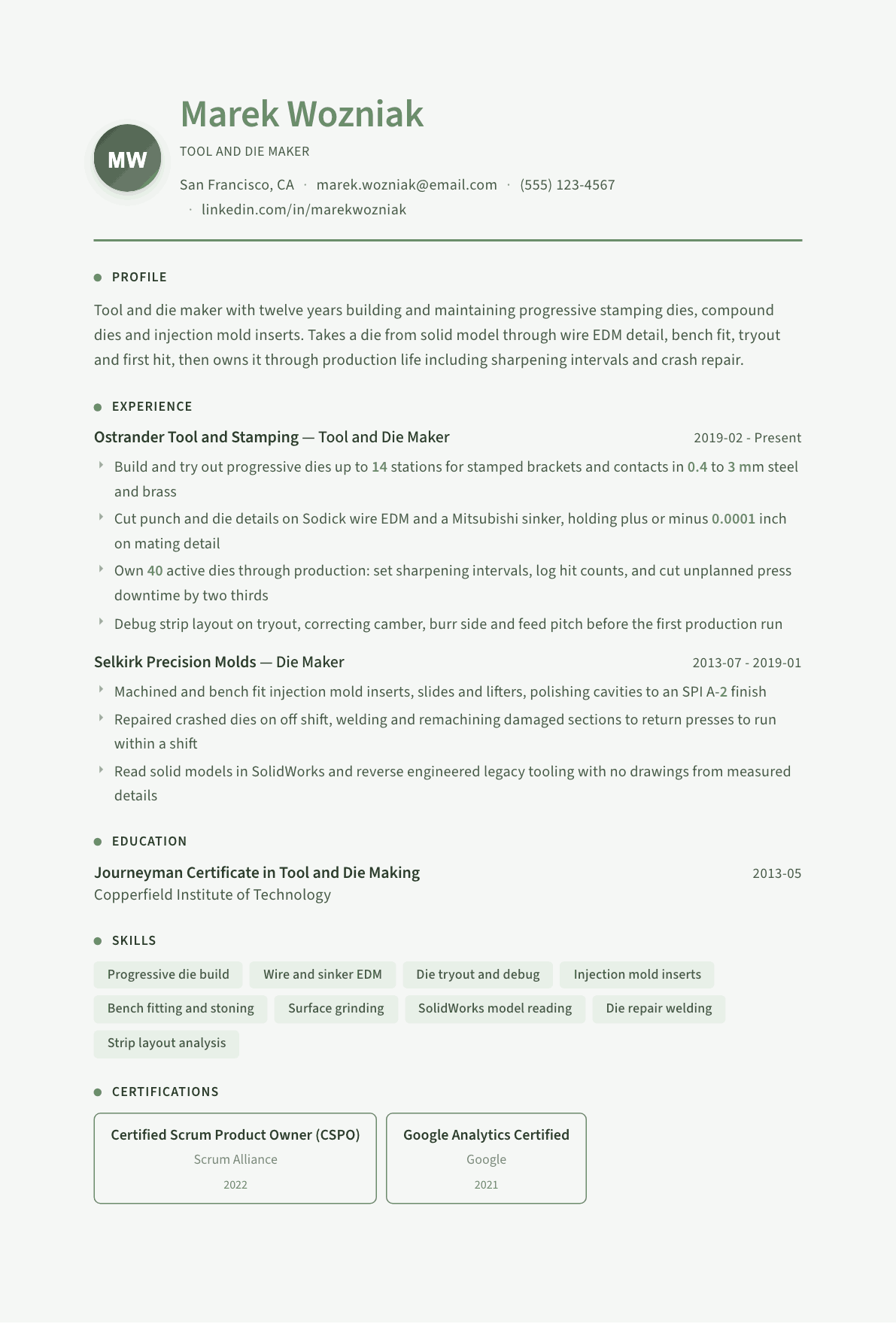 Tool and Die Maker resume example, Sage Garden template