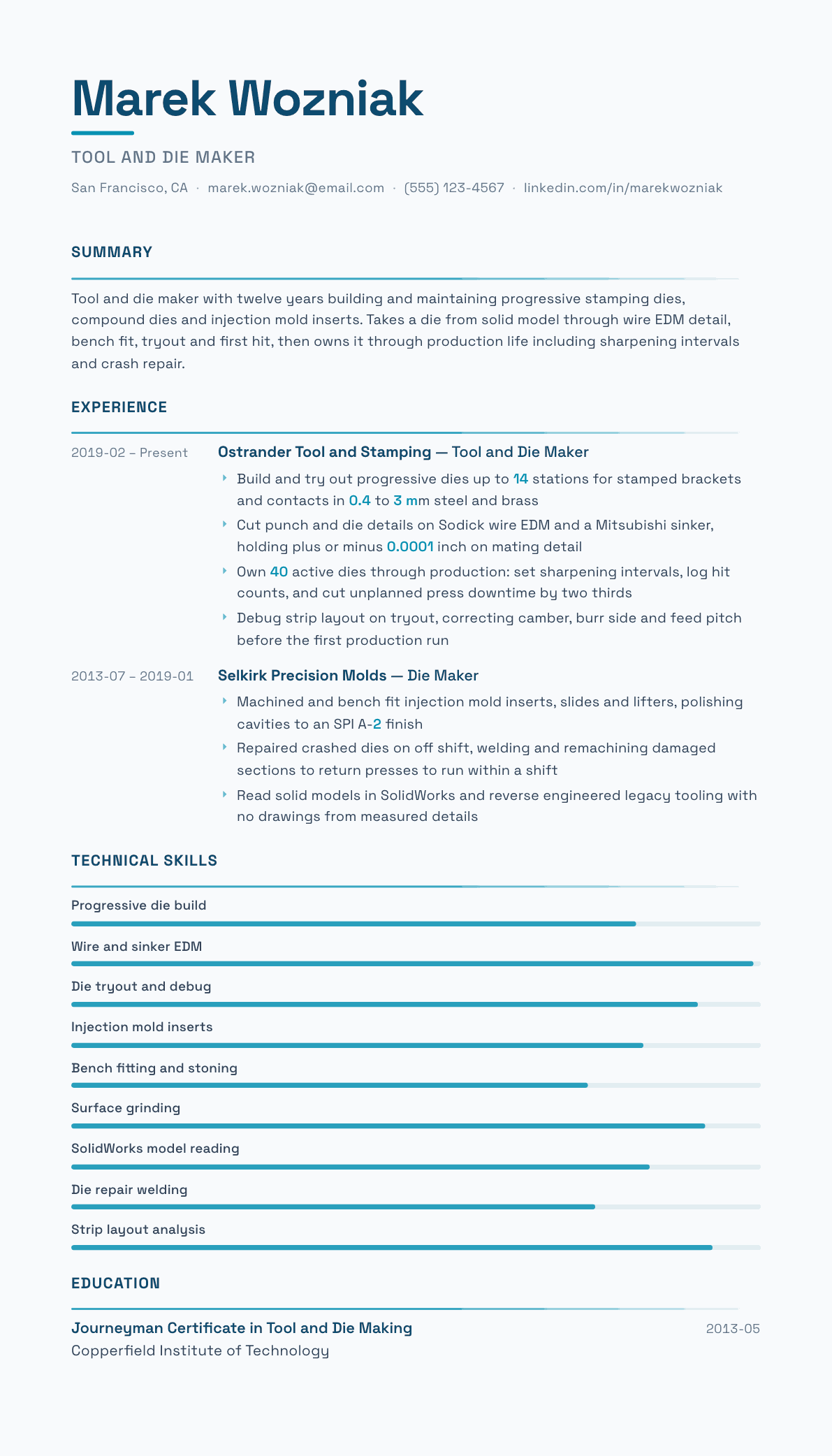 Tool and Die Maker resume example, Velocity template