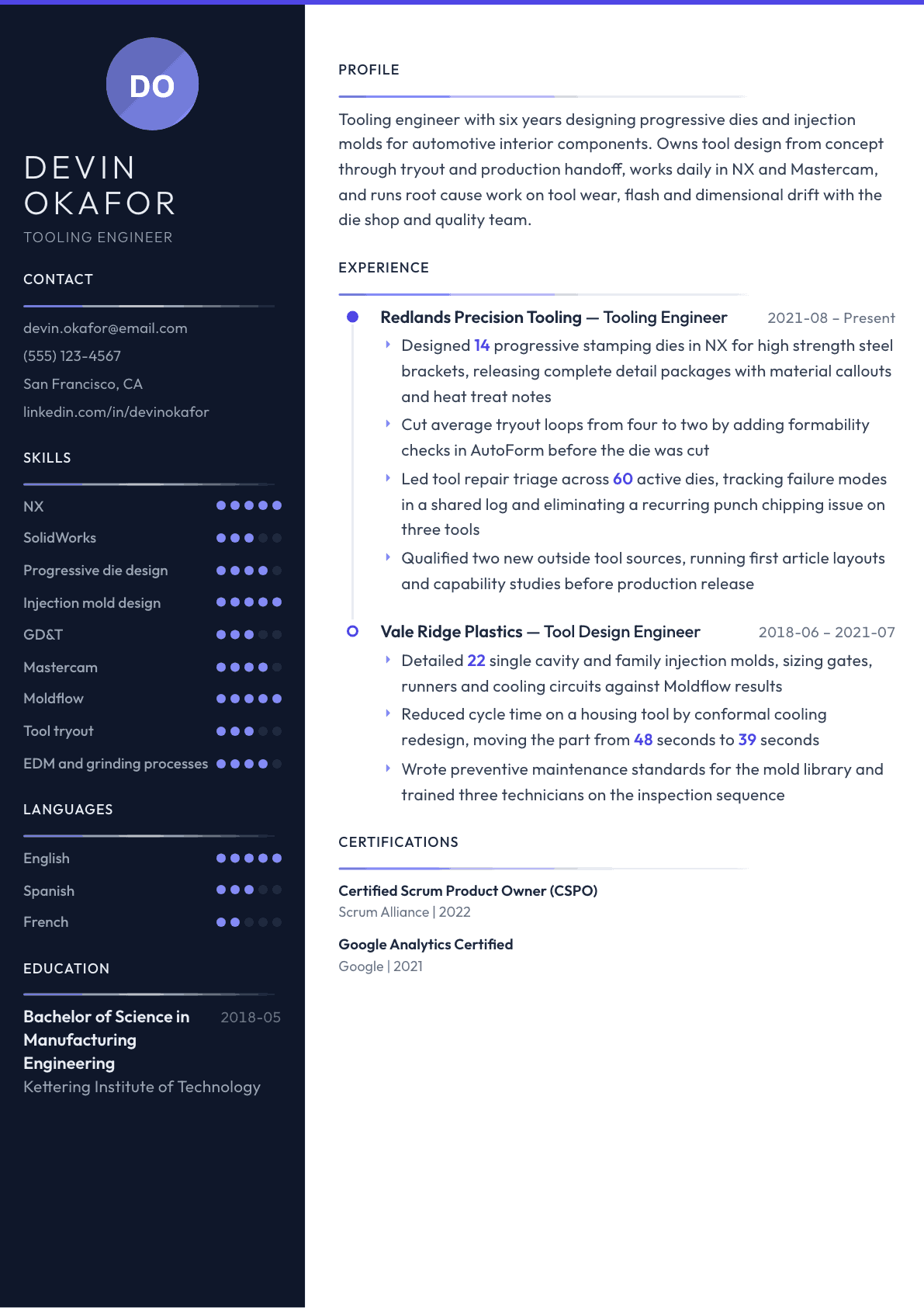 Tooling Engineer resume example, Zenith template