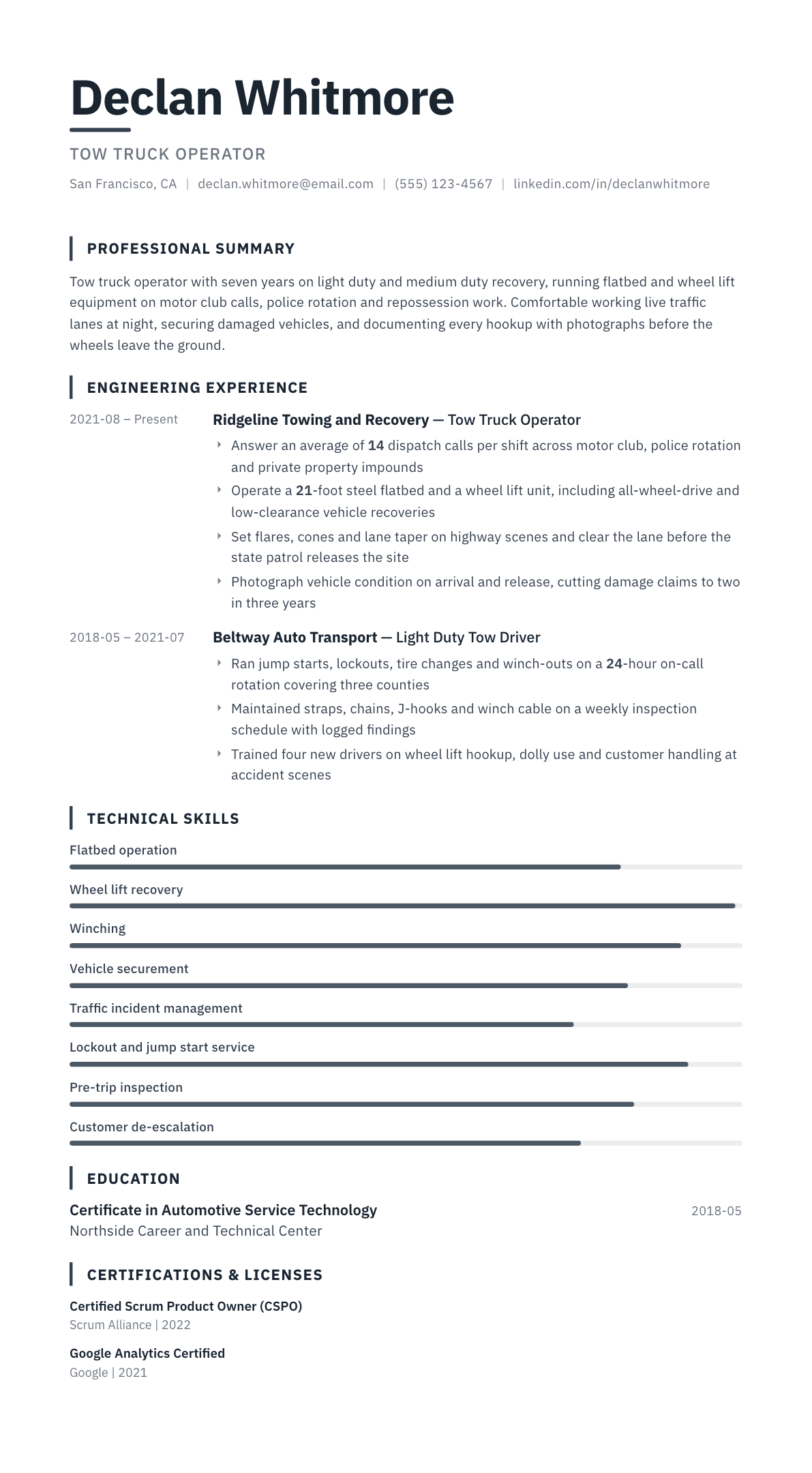 Tow Truck Driver resume example, Blueprint template