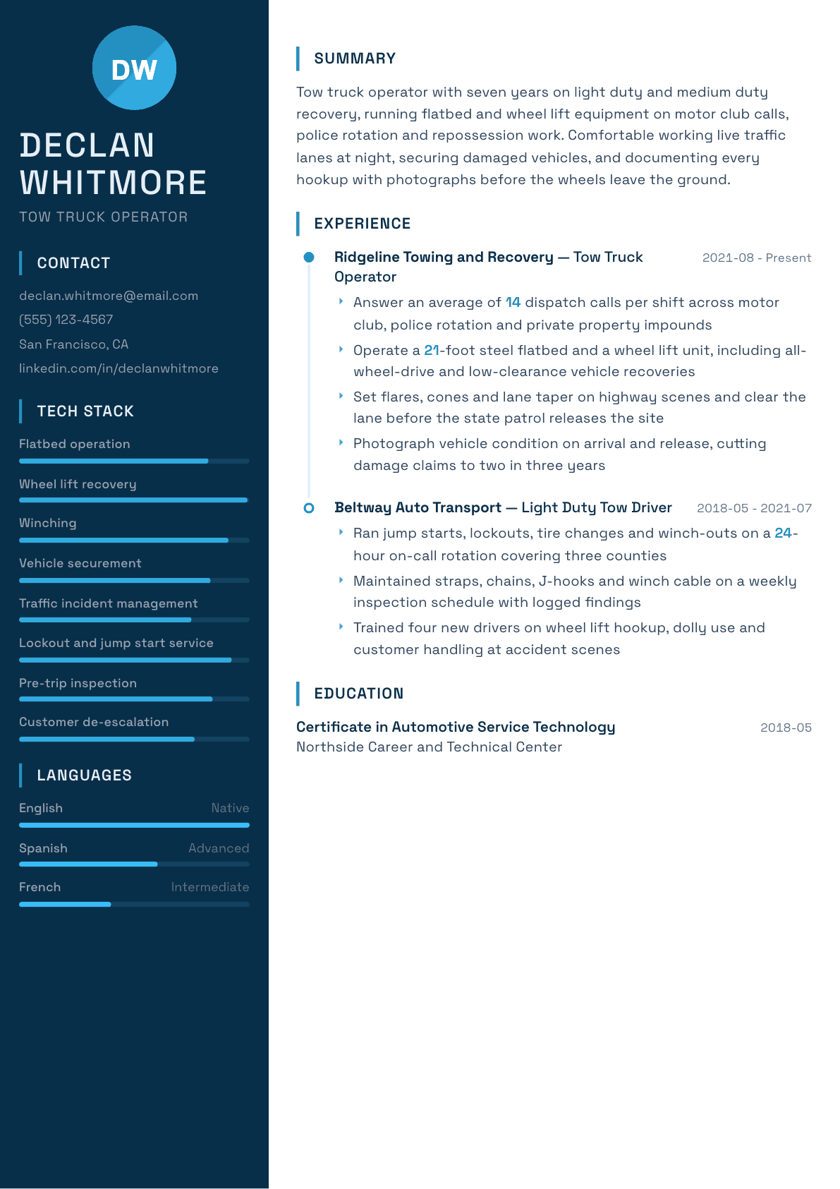 Tow Truck Driver resume example, Circuit template