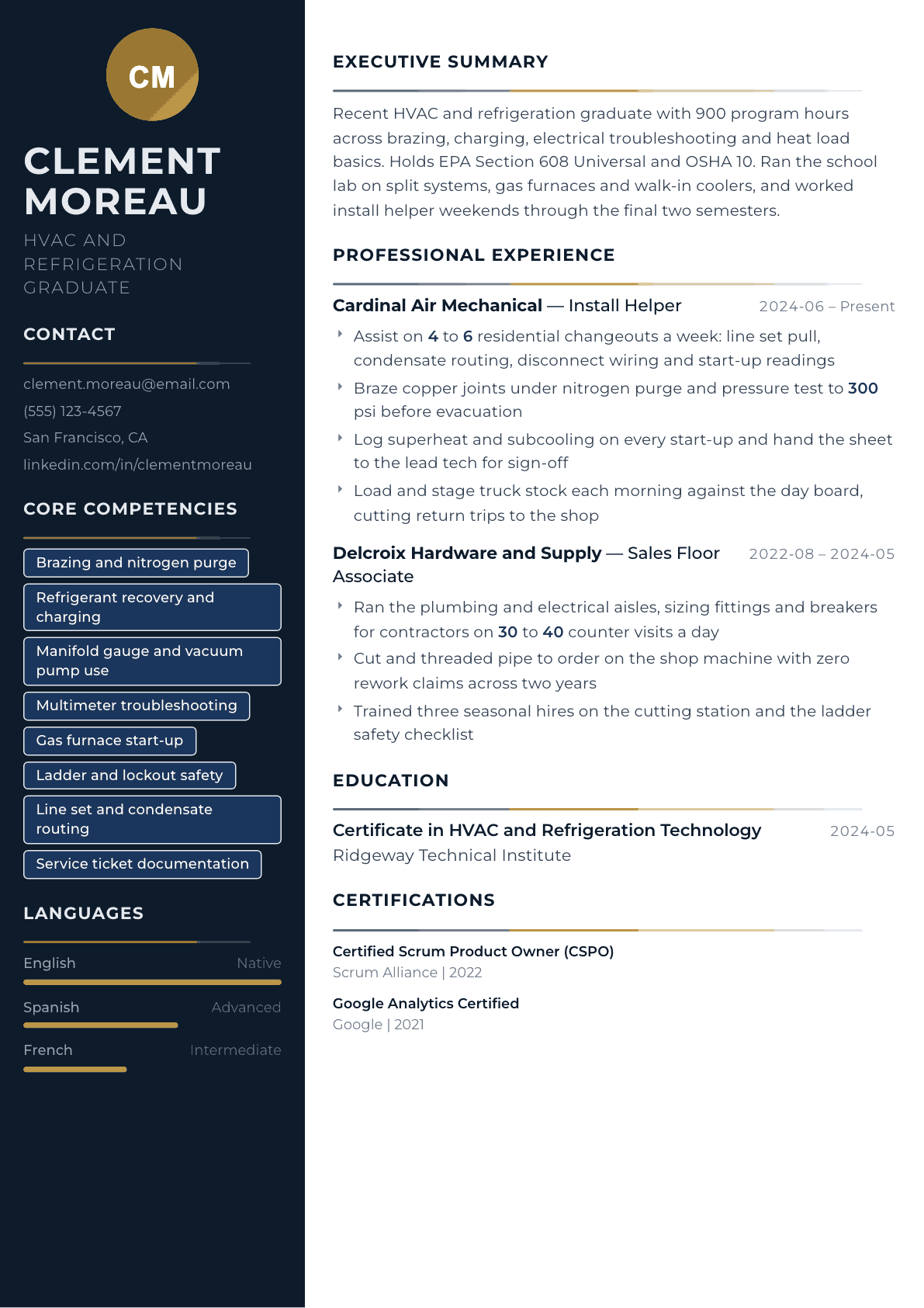 Trade School Graduate resume example, Catalyst template