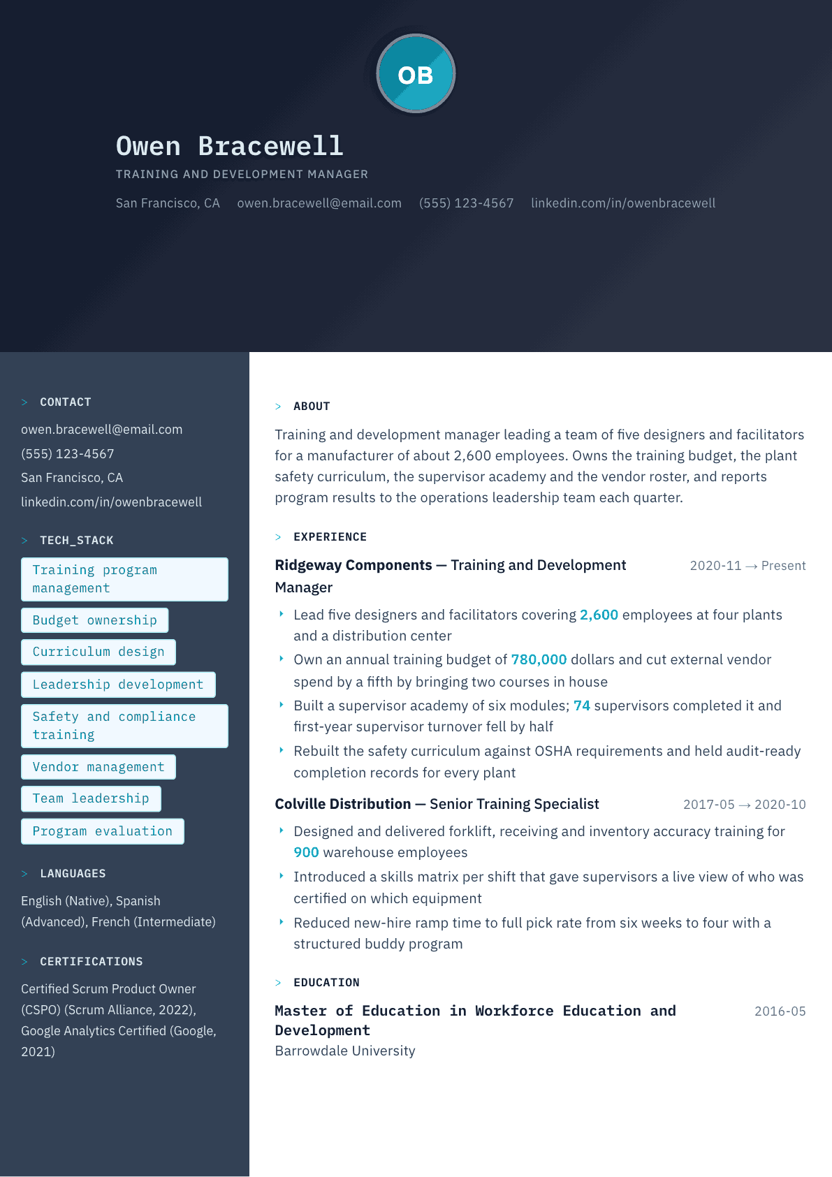 Training and Development Manager resume example, Code Terminal template