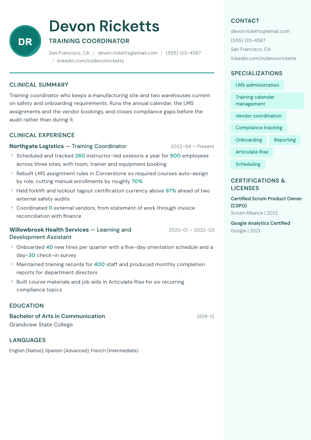 Training Coordinator resume example, Remedy template