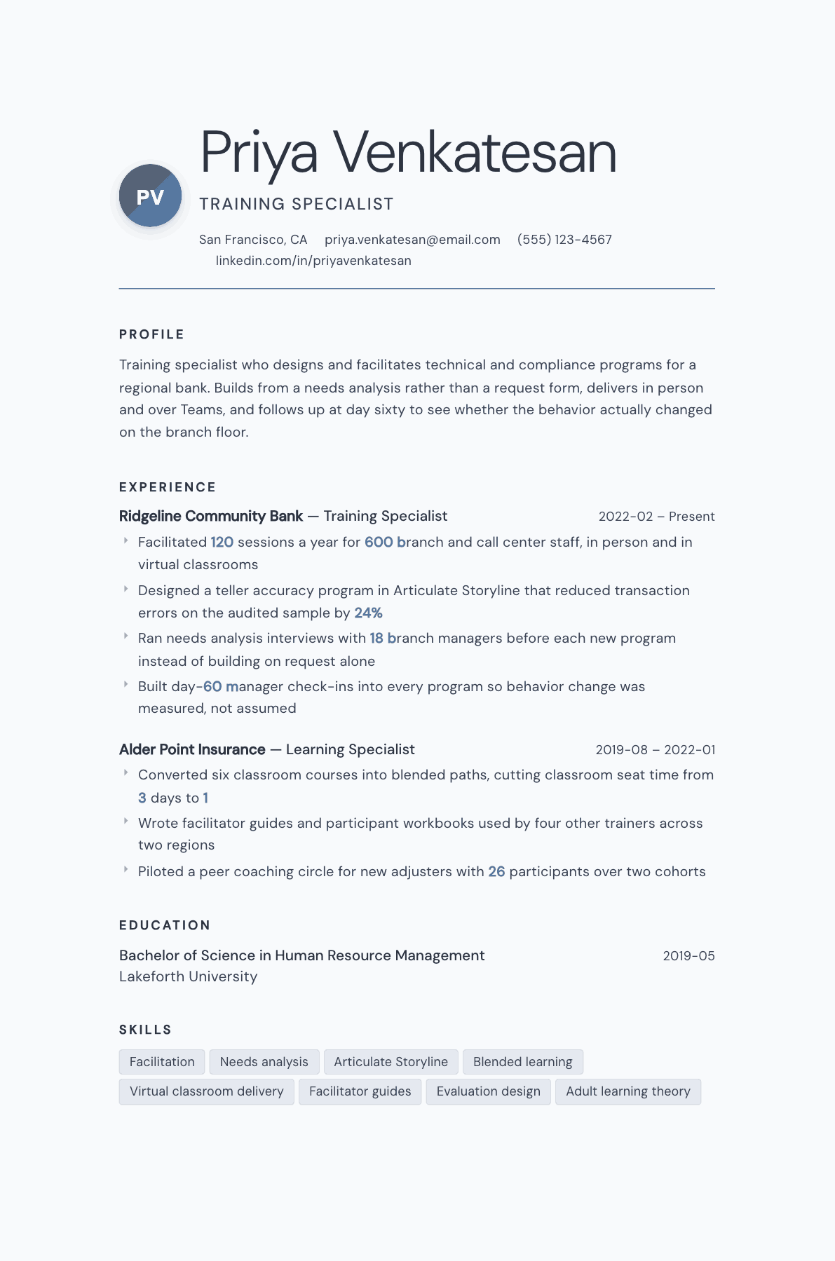 Training Specialist resume example, Nordic template