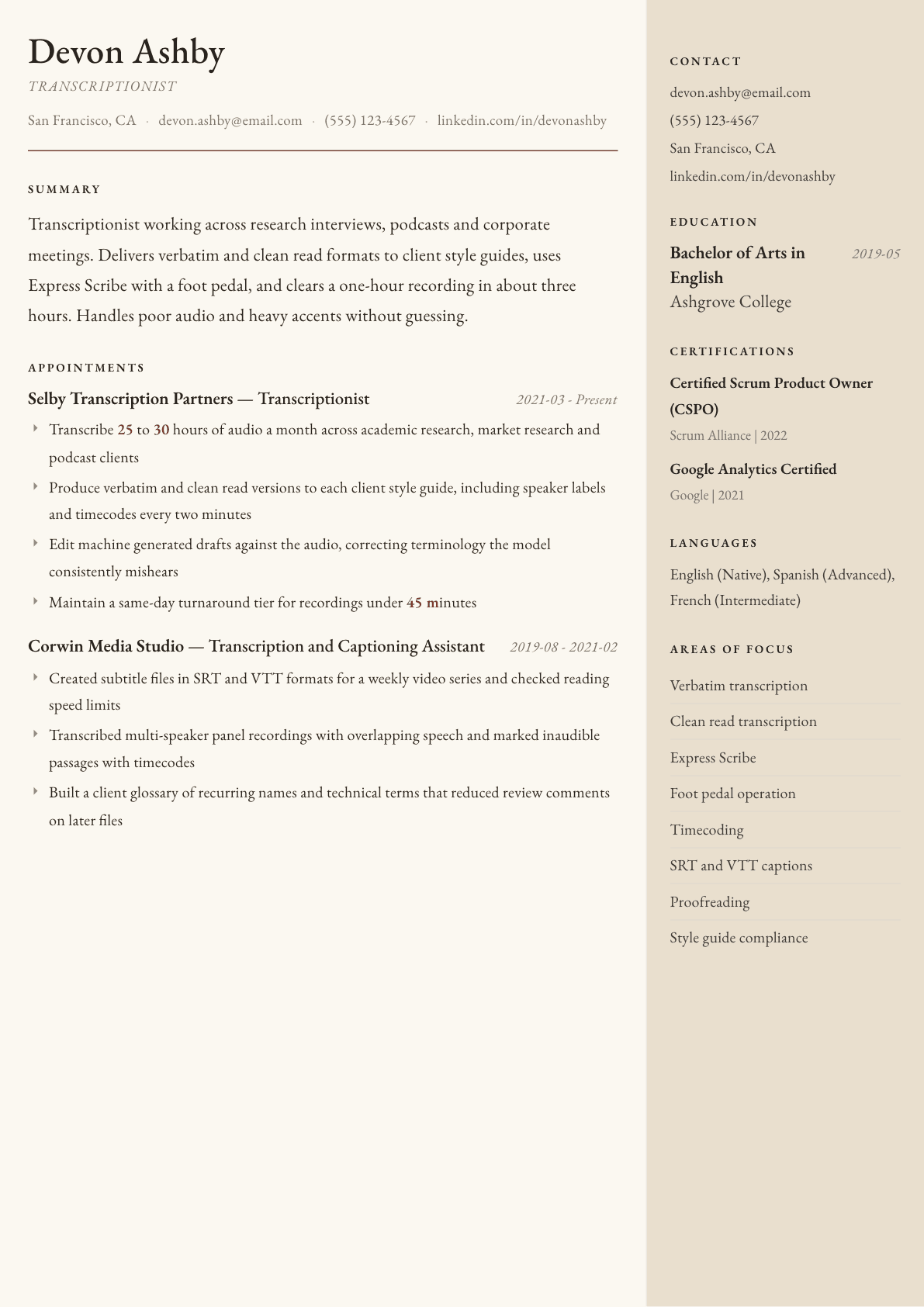 Transcriptionist resume example, Manuscript template