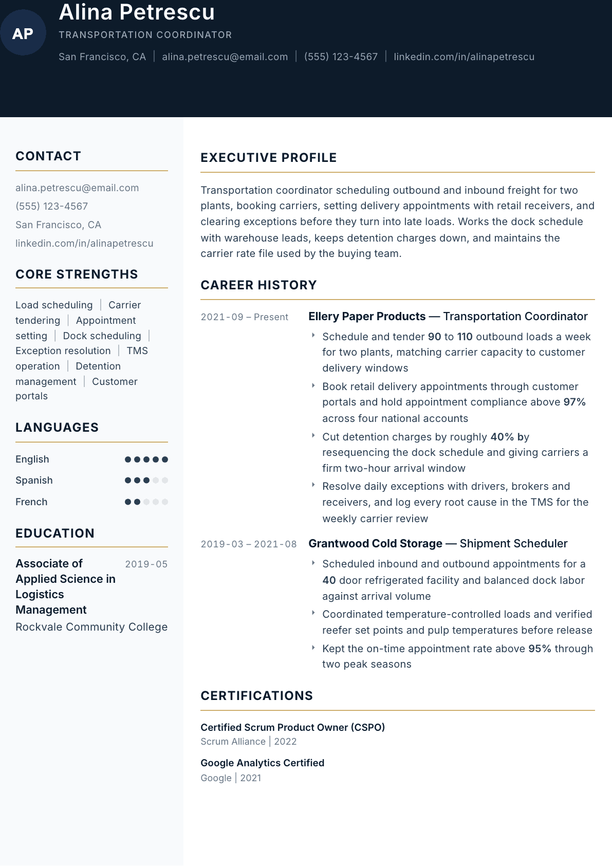 Transportation Coordinator resume example, Consulate template