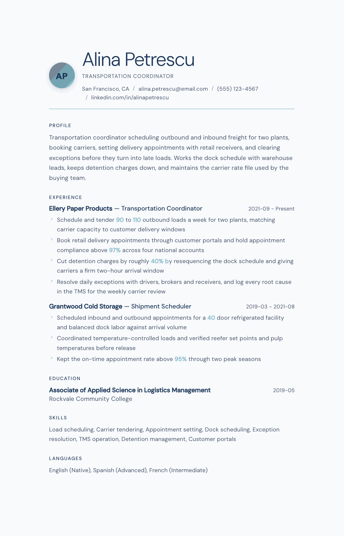 Transportation Coordinator resume example, Nordic Frost template