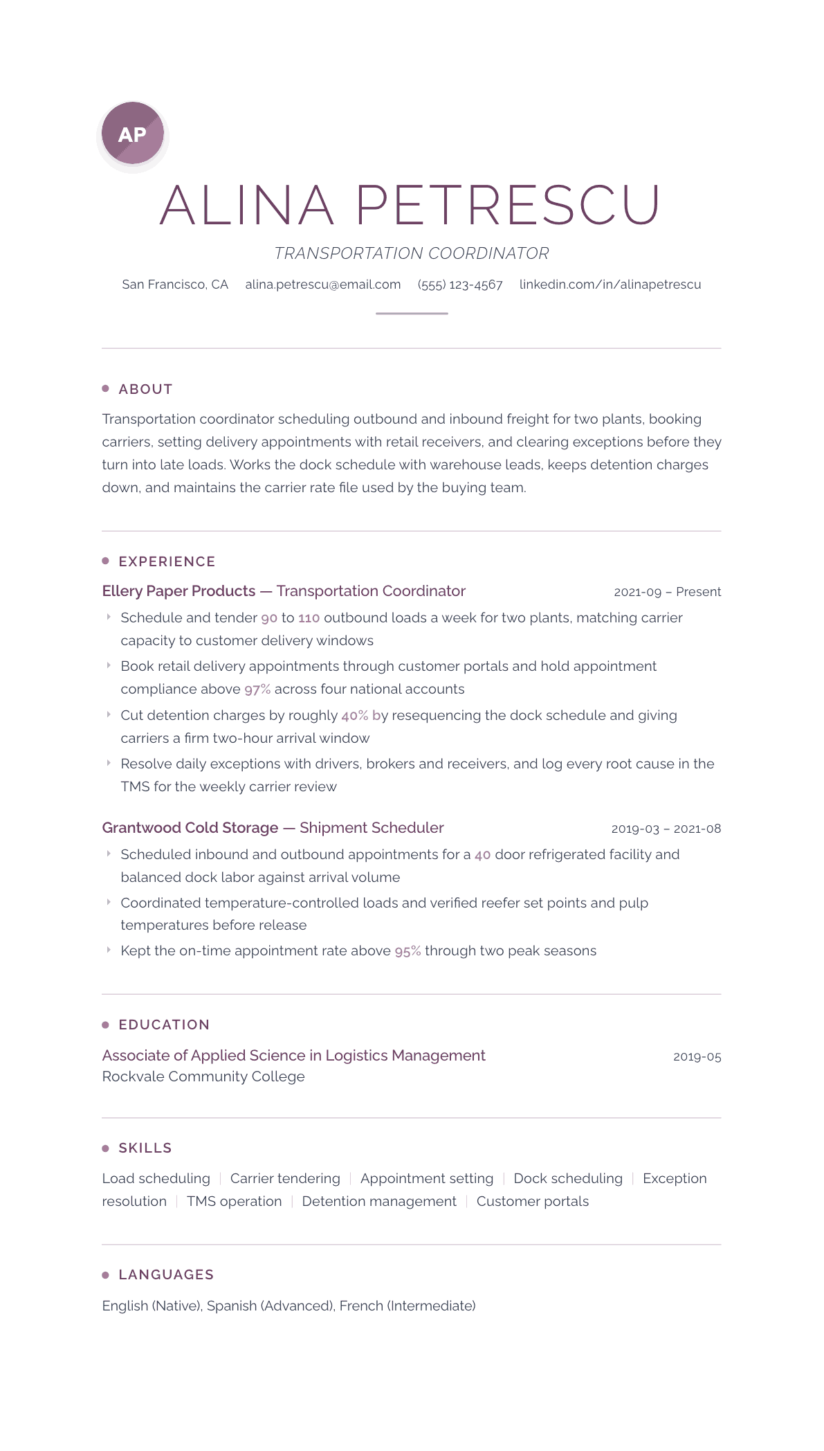 Transportation Coordinator resume example, Serenity template