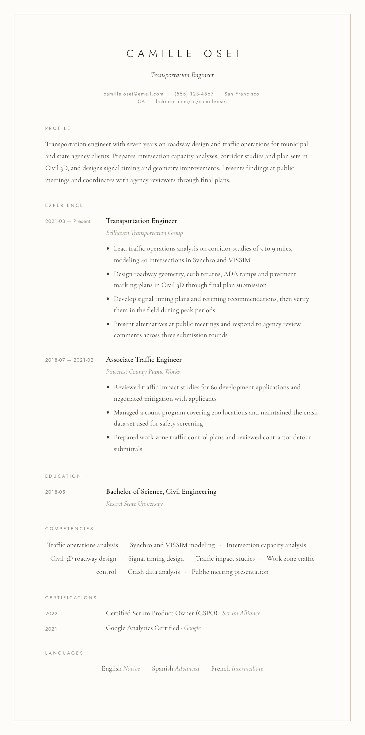 Transportation Engineer resume example, Vellum template