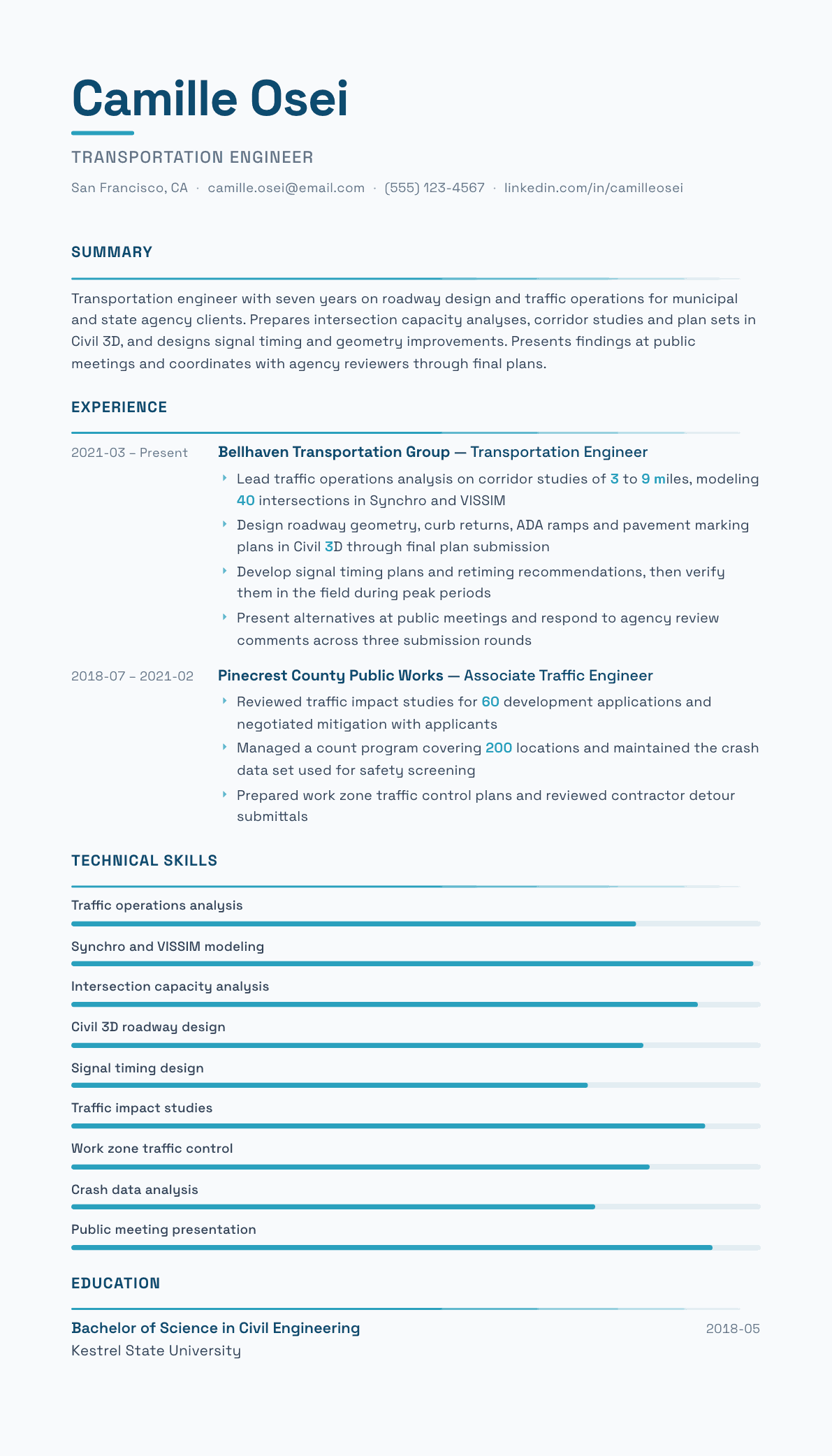 Transportation Engineer resume example, Velocity template