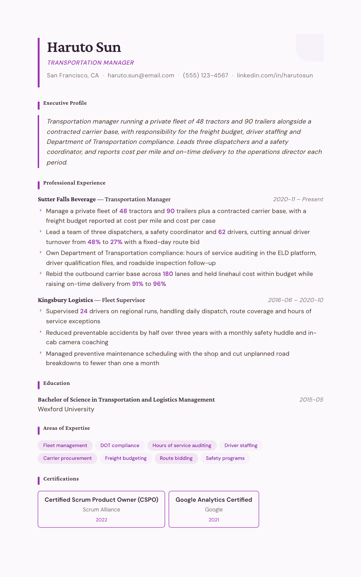 Transportation Manager resume example, Plum Noir template
