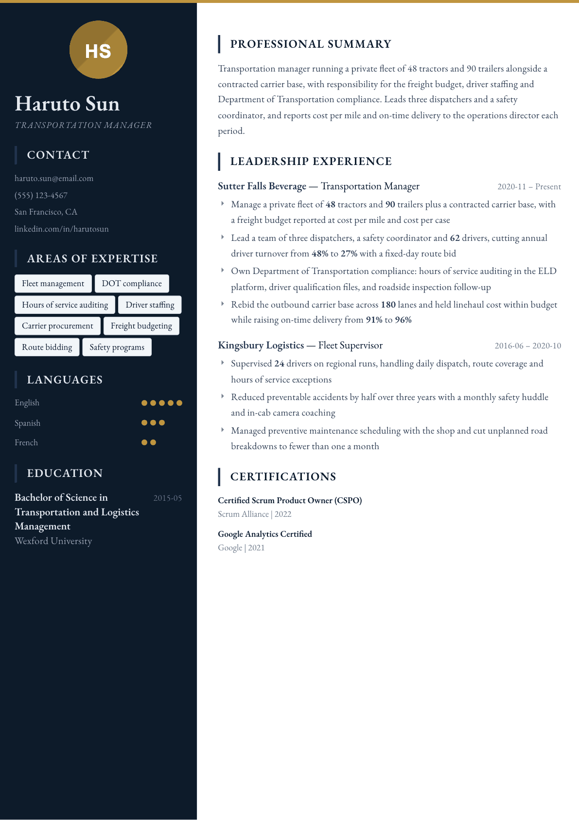 Transportation Manager resume example, Presidio template