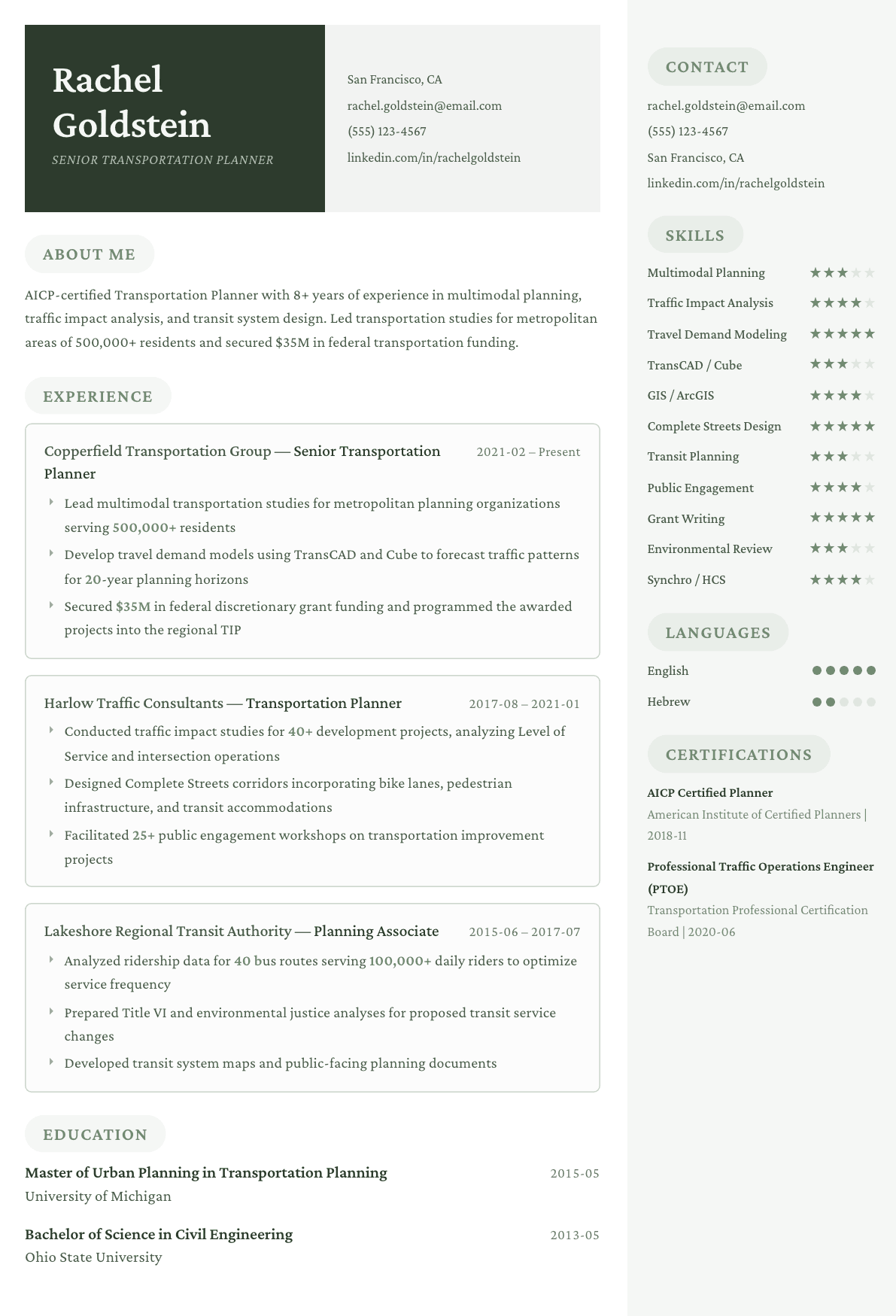 Transportation Planner resume example, Mayfair template