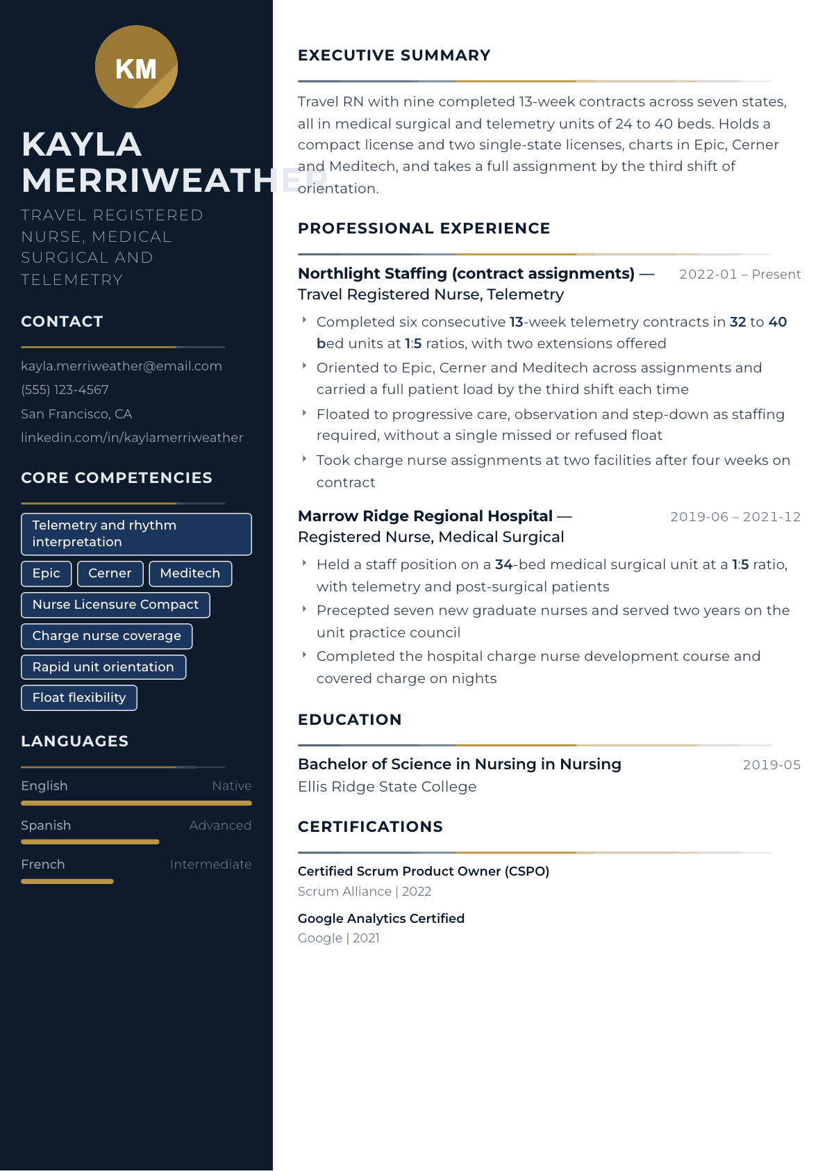 Travel Nurse resume example, Catalyst template