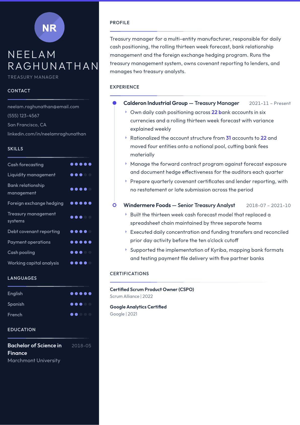 Treasury Manager resume example, Zenith template