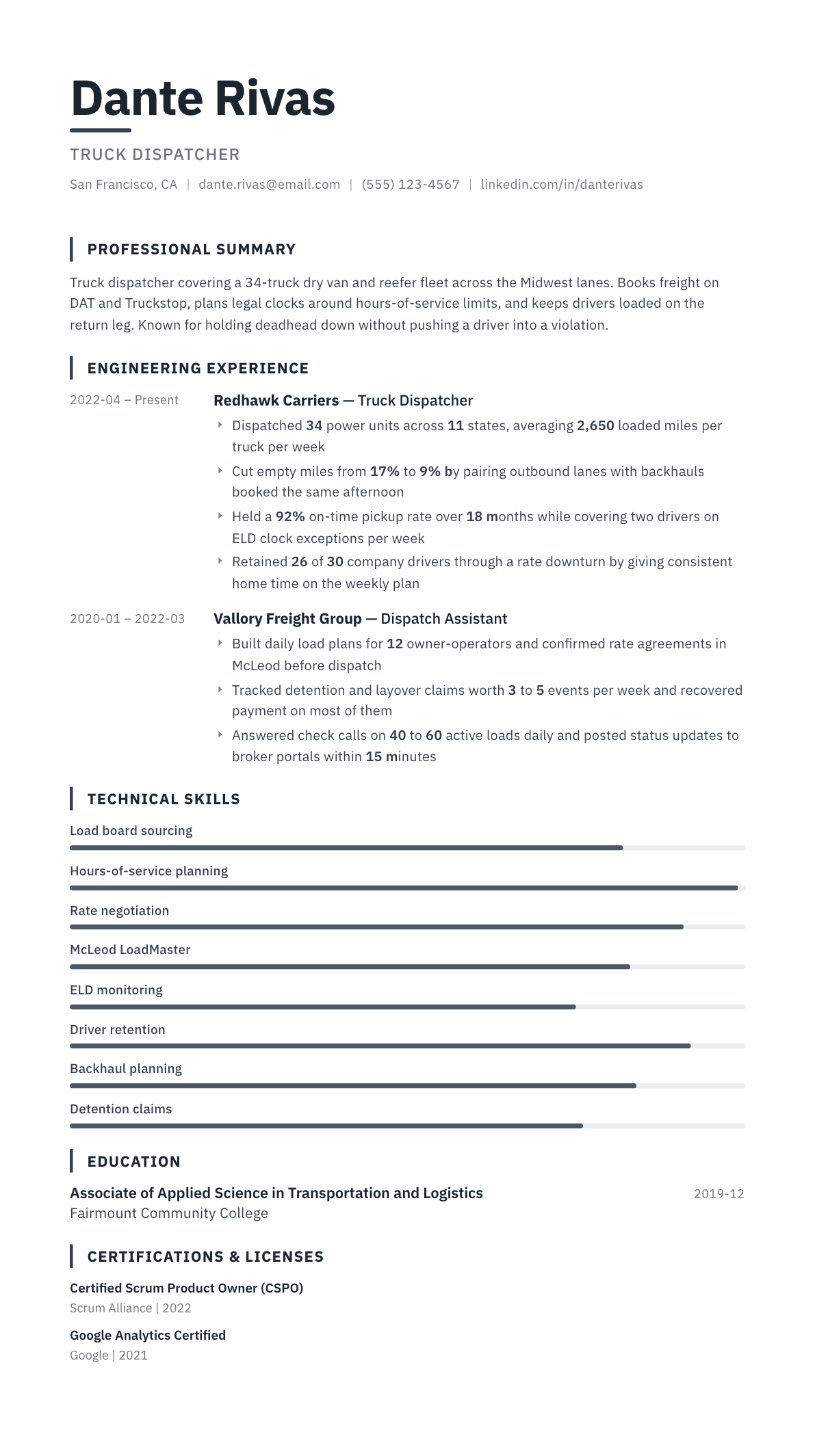 Truck Dispatcher resume example, Blueprint template