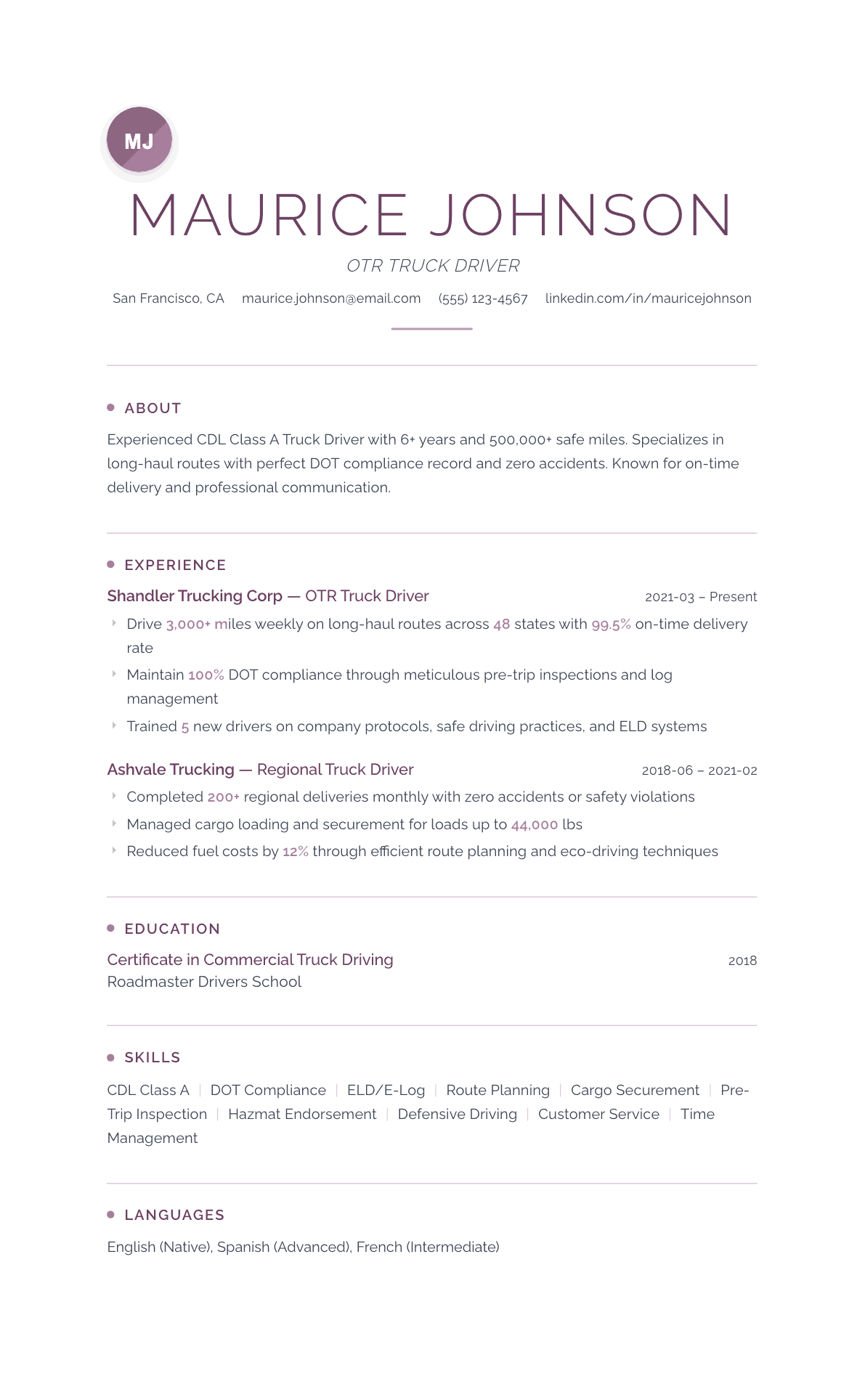 Truck Driver resume example, Serenity template