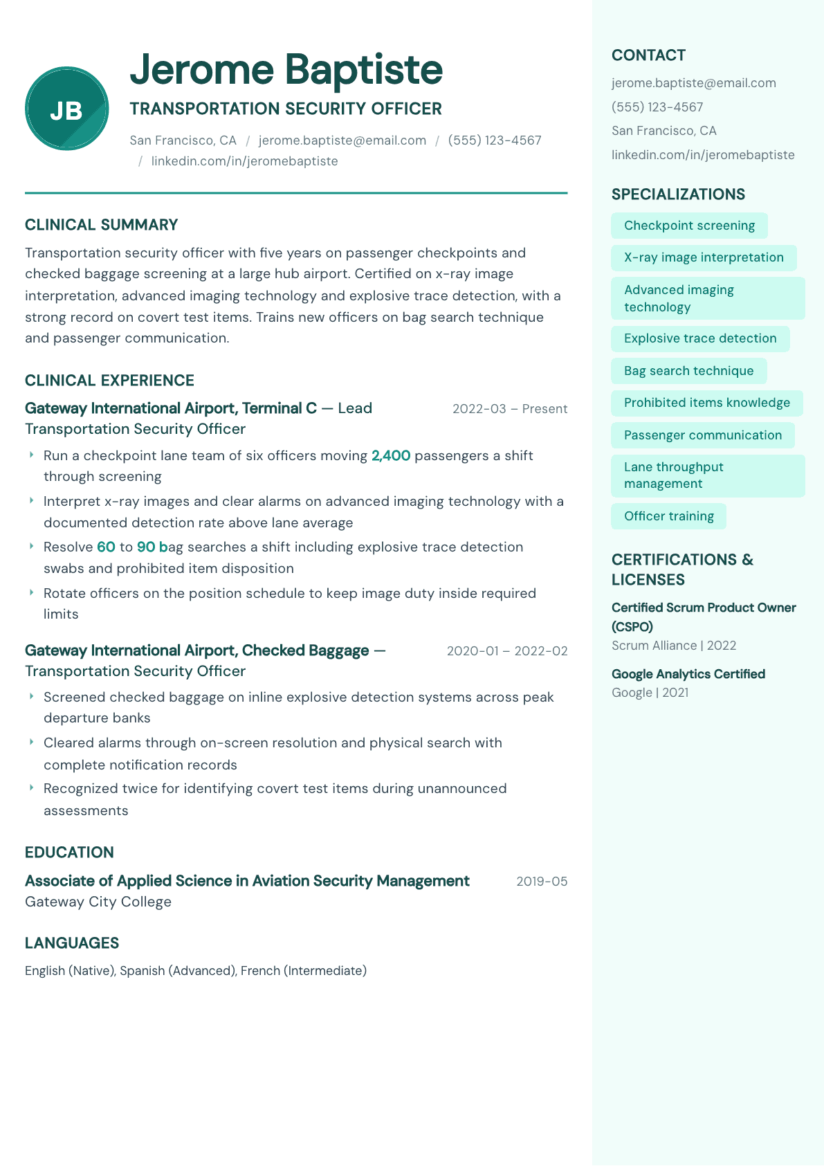 TSA Officer resume example, Remedy template