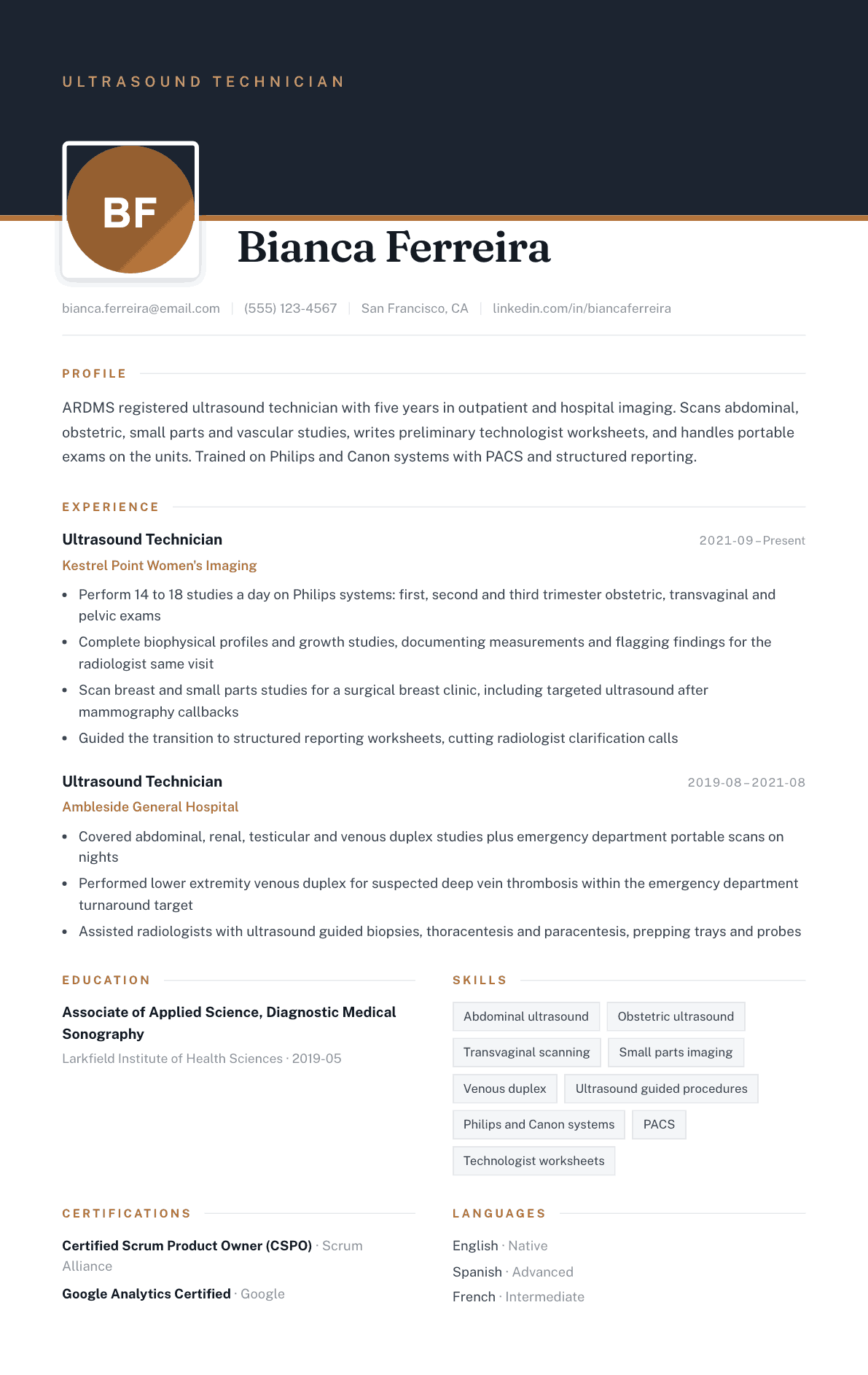 Ultrasound Technician resume example, Atrium template