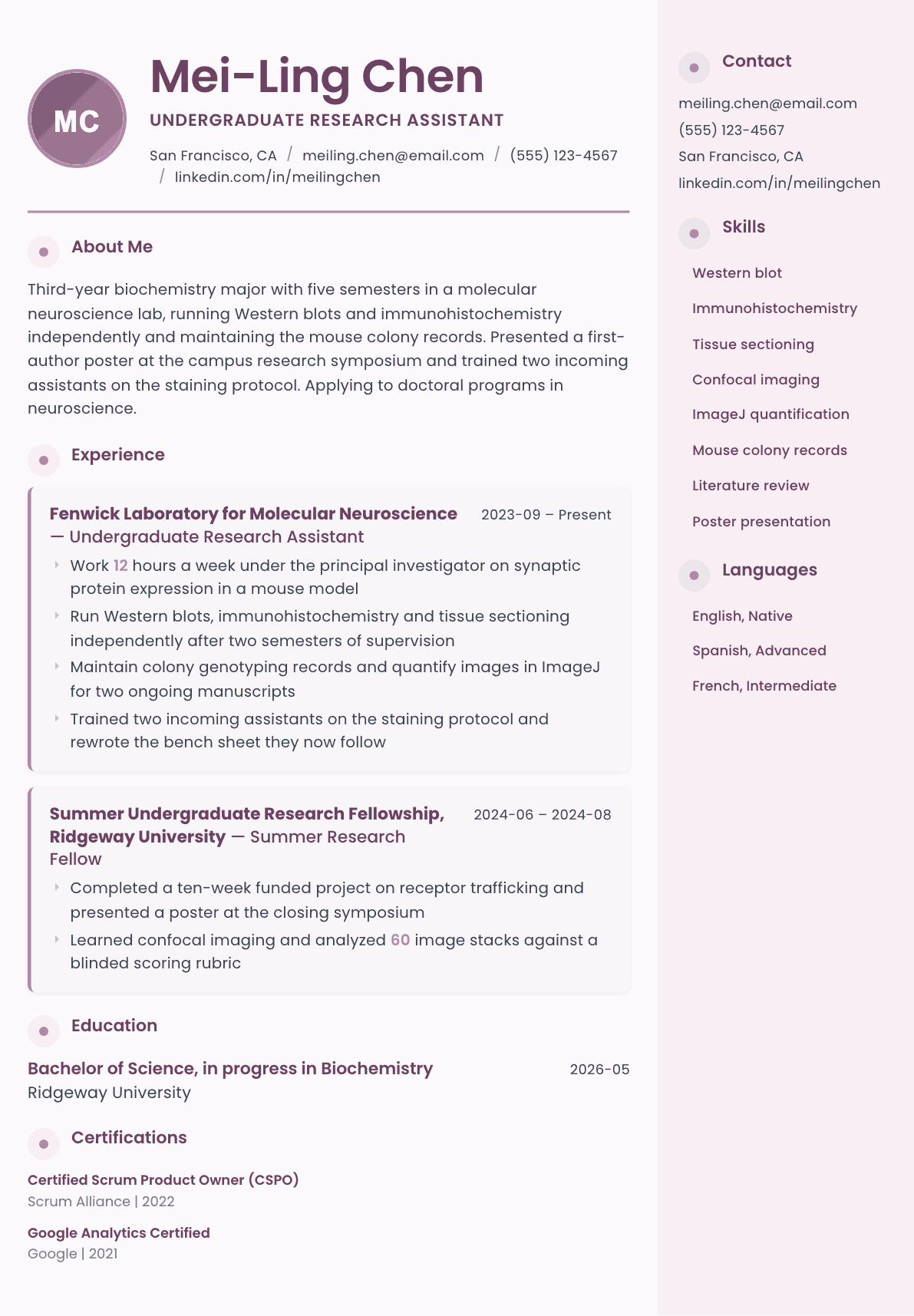 Undergraduate Research Assistant resume example, Bloom template