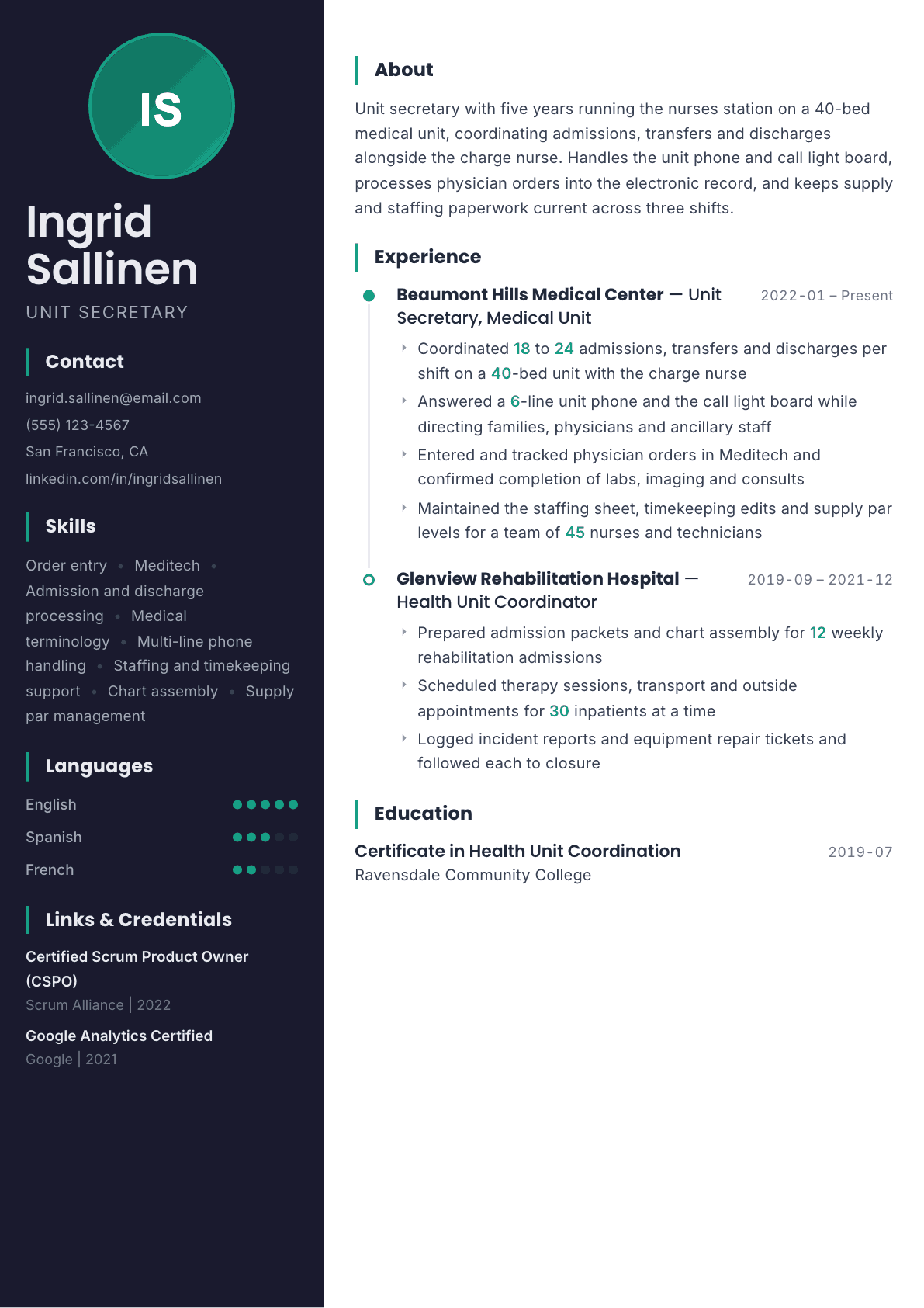 Unit Secretary resume example, Bapak template