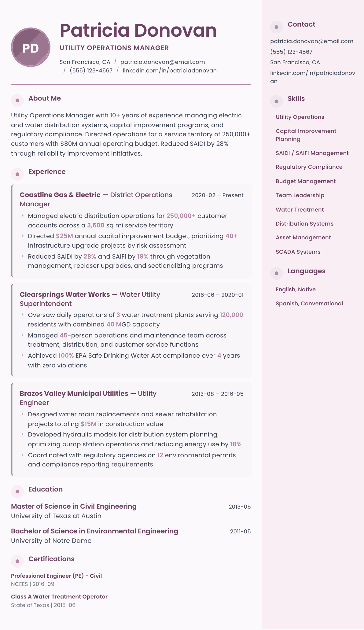 Utility Manager resume example, Bloom template