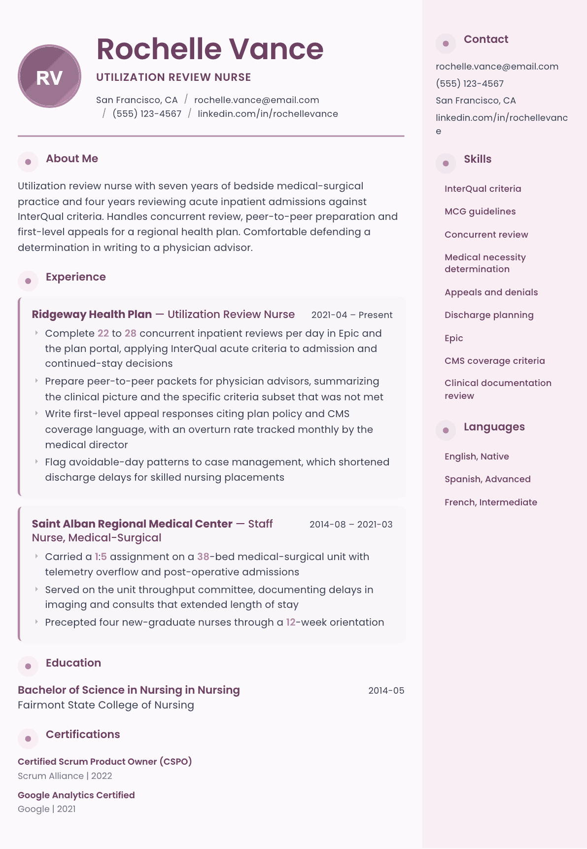 Utilization Review Nurse resume example, Bloom template