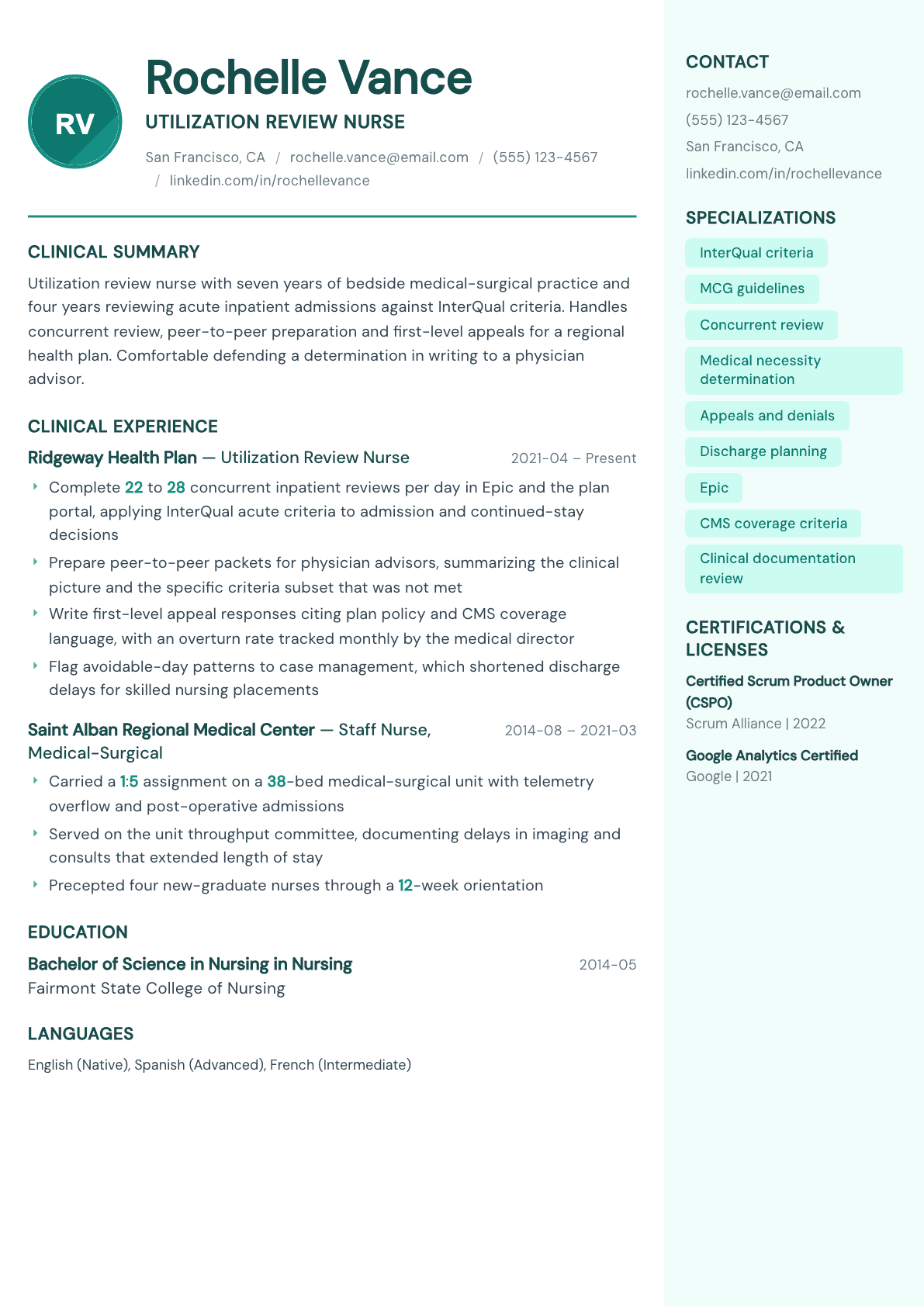 Utilization Review Nurse resume example, Remedy template