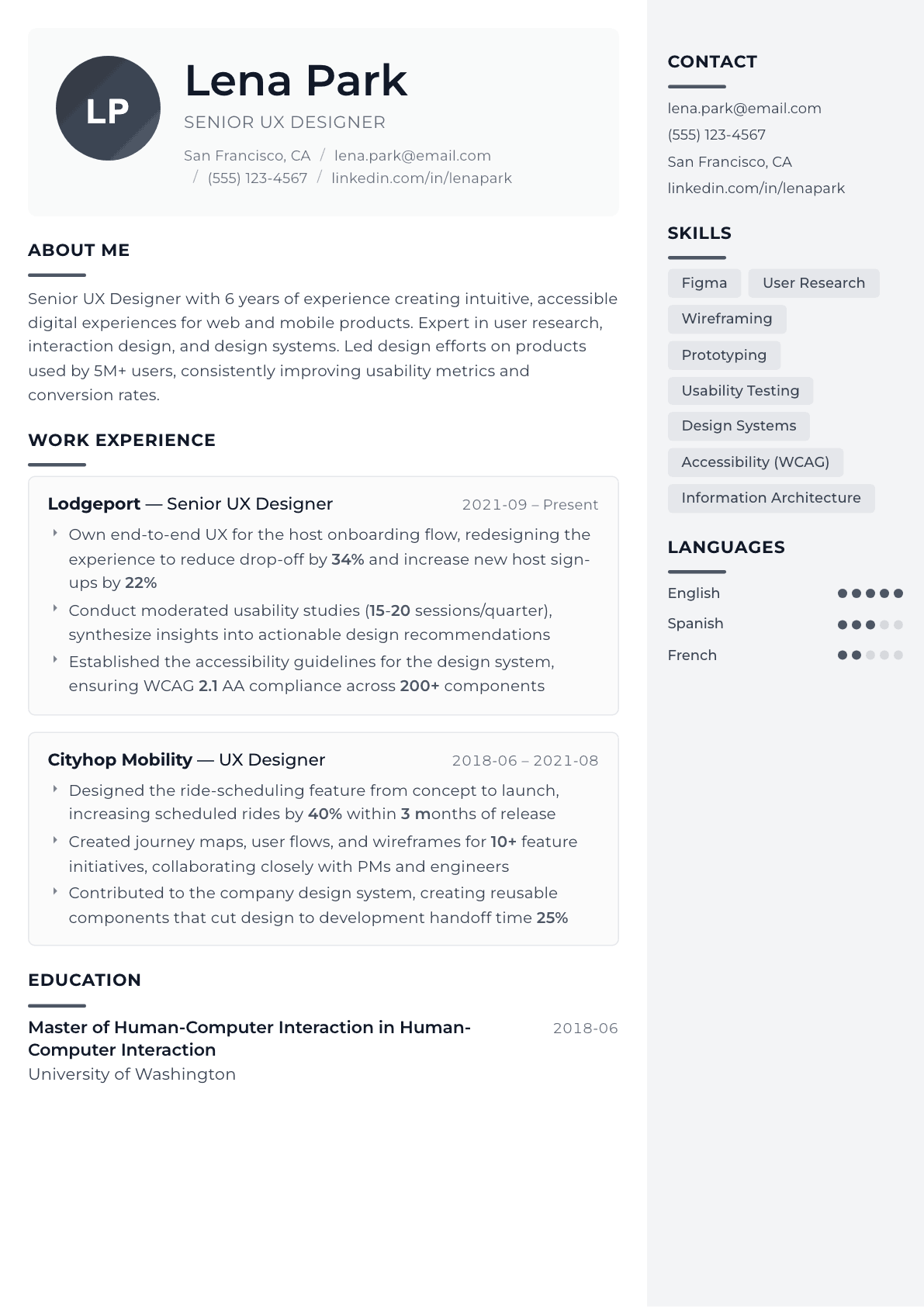 UX Designer resume example, Metropolitan template