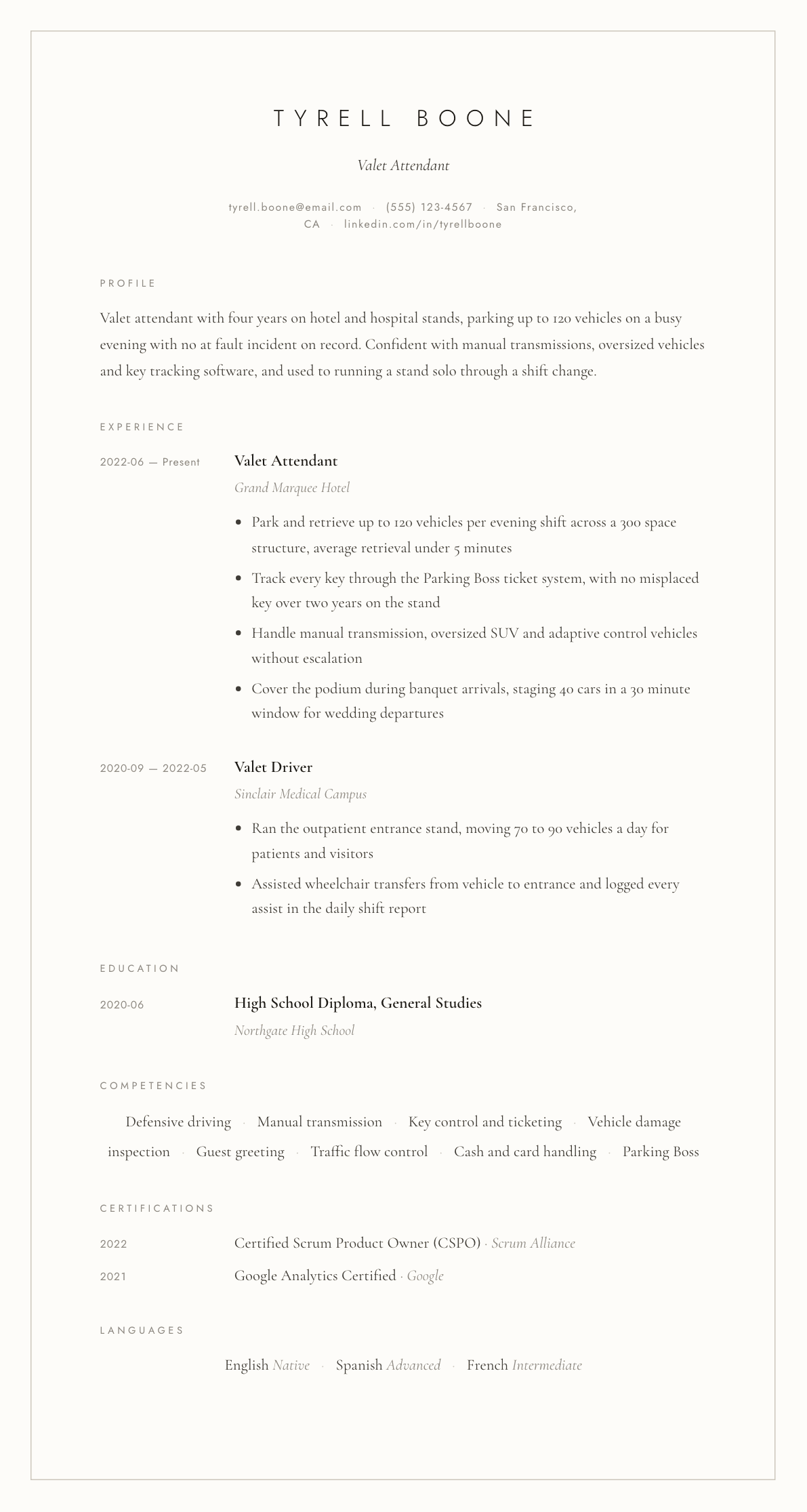 Valet Attendant resume example, Vellum template