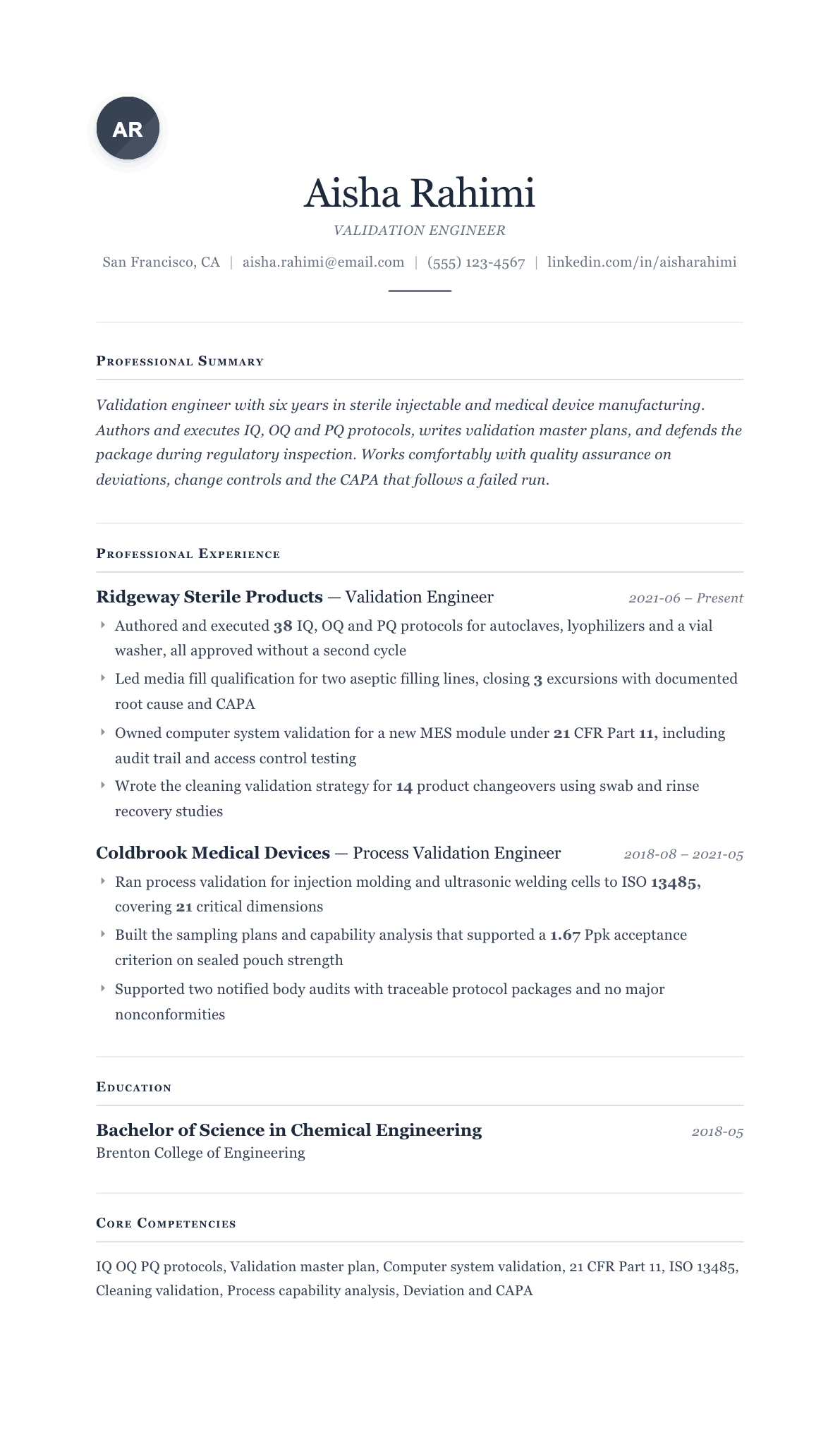 Validation Engineer resume example, Cornerstone template