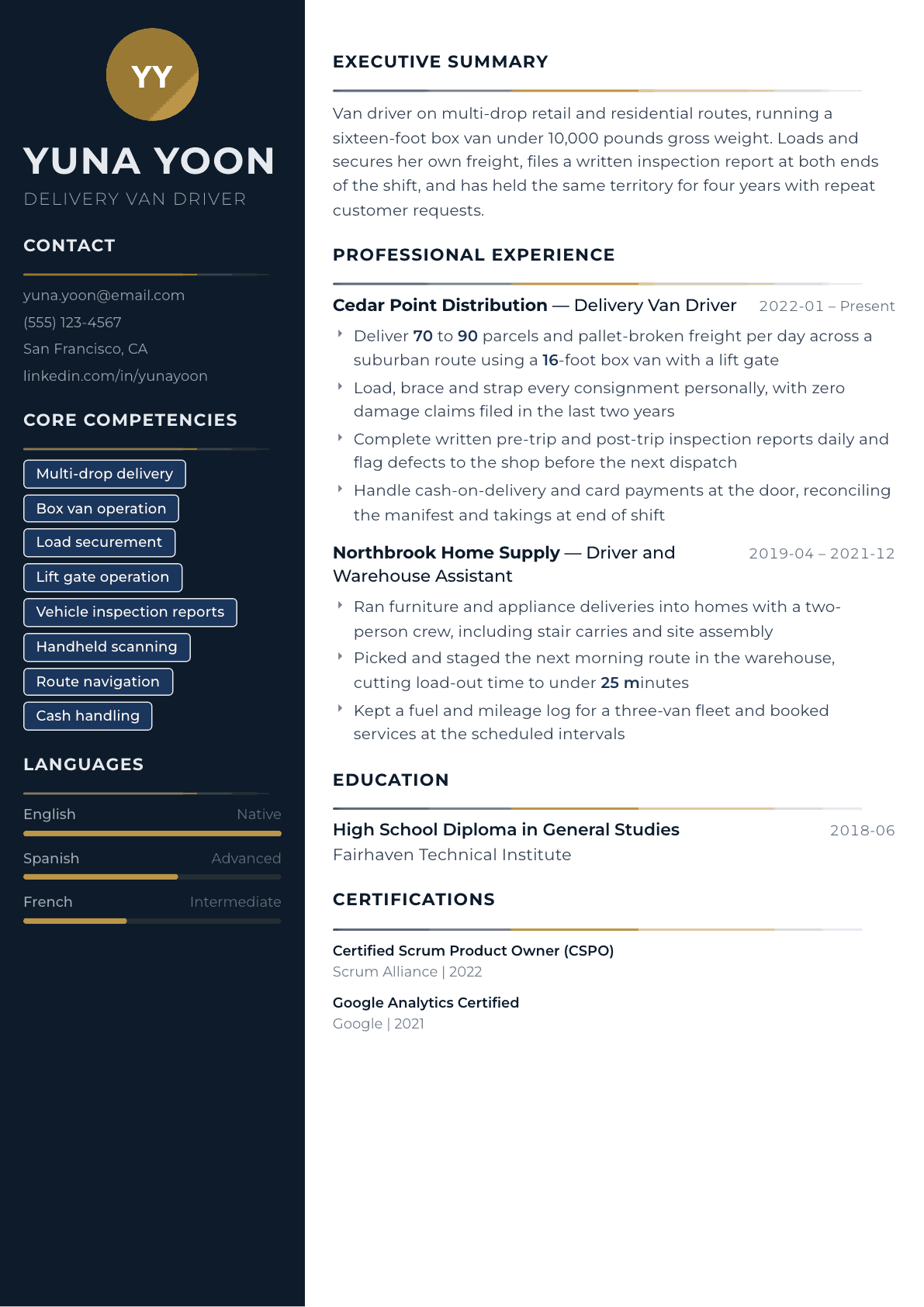 Van Driver resume example, Catalyst template