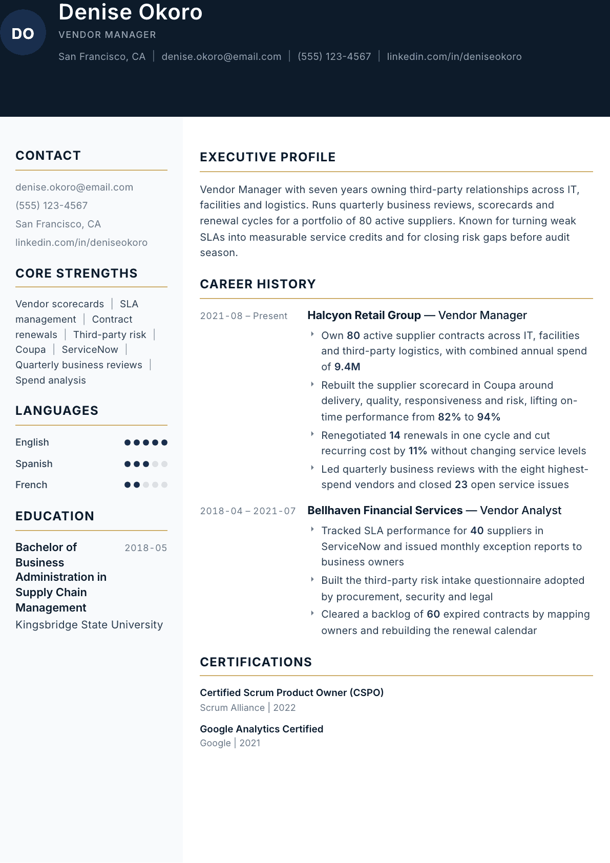 Vendor Manager resume example, Consulate template