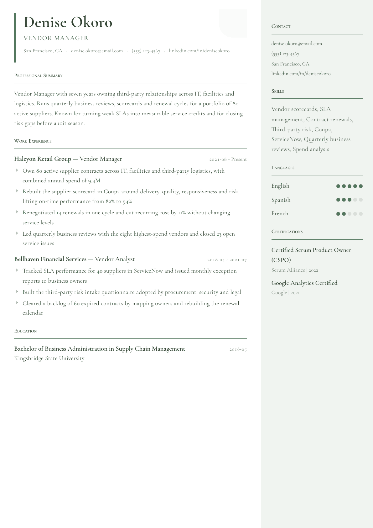 Vendor Manager resume example, Copenhagen template