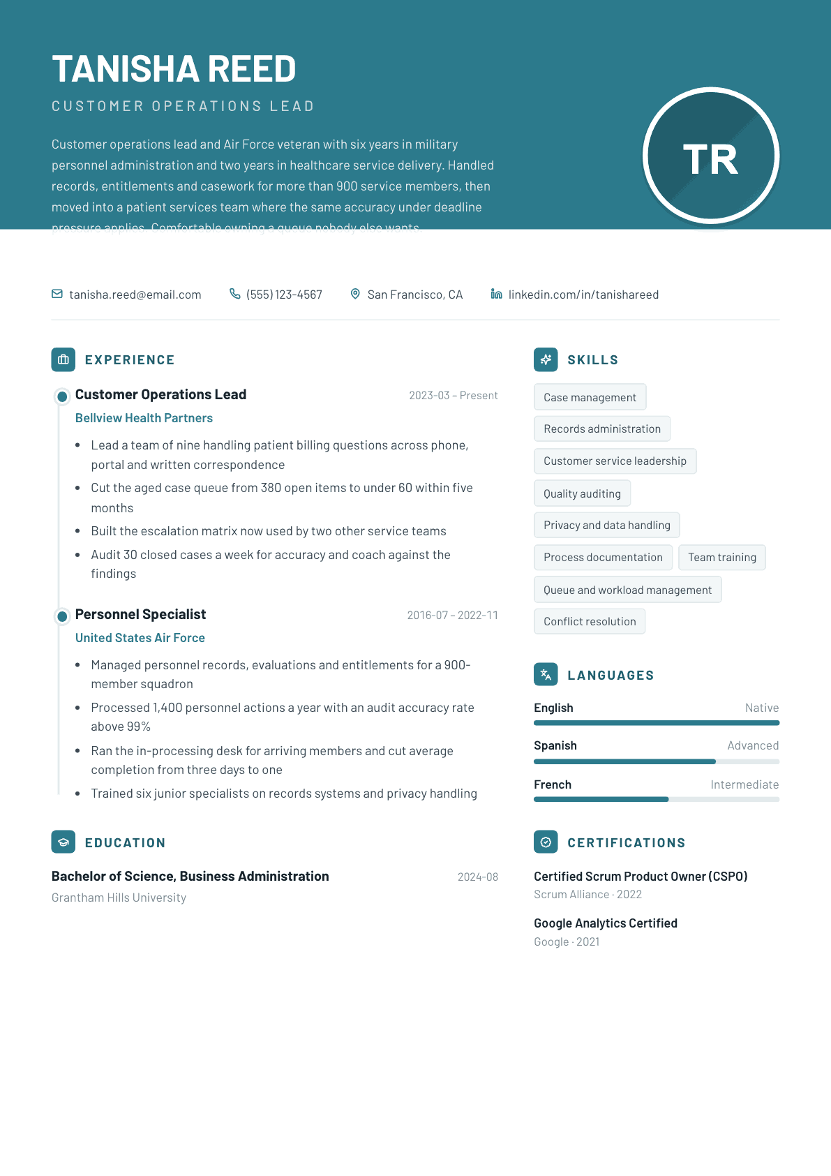 Veteran resume example, Harbor template