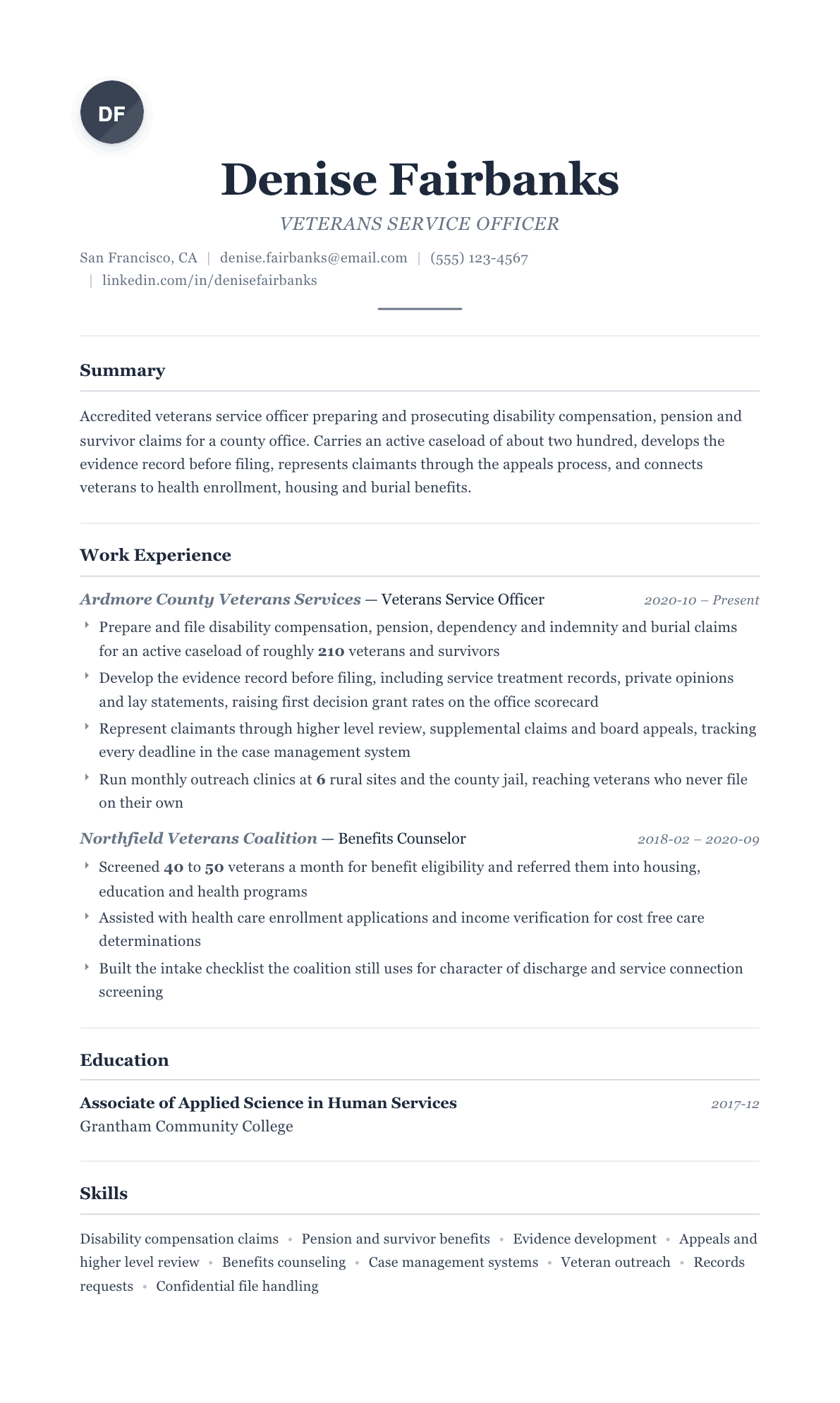 Veterans Service Officer resume example, Classic template