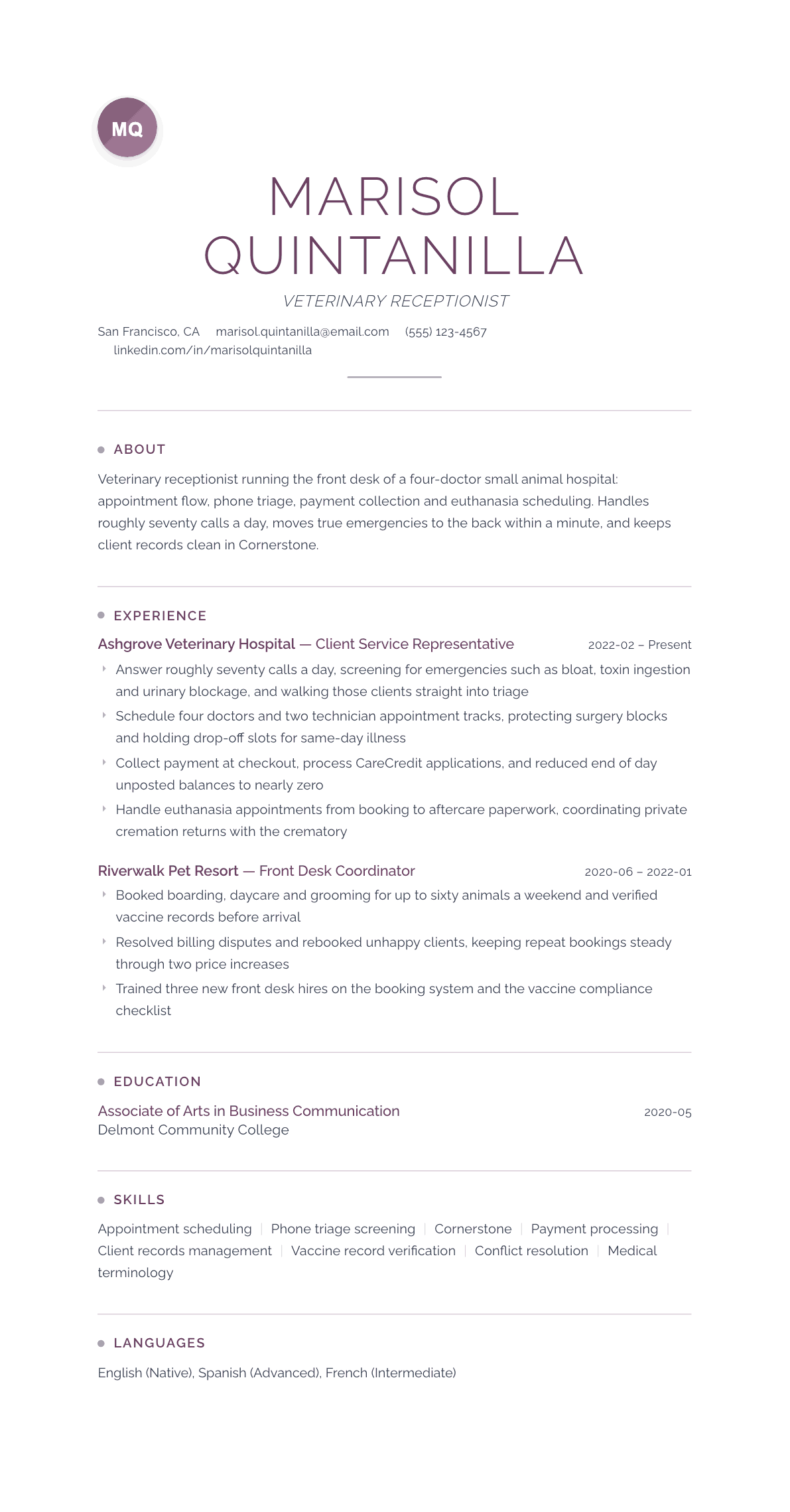Veterinary Receptionist resume example, Serenity template