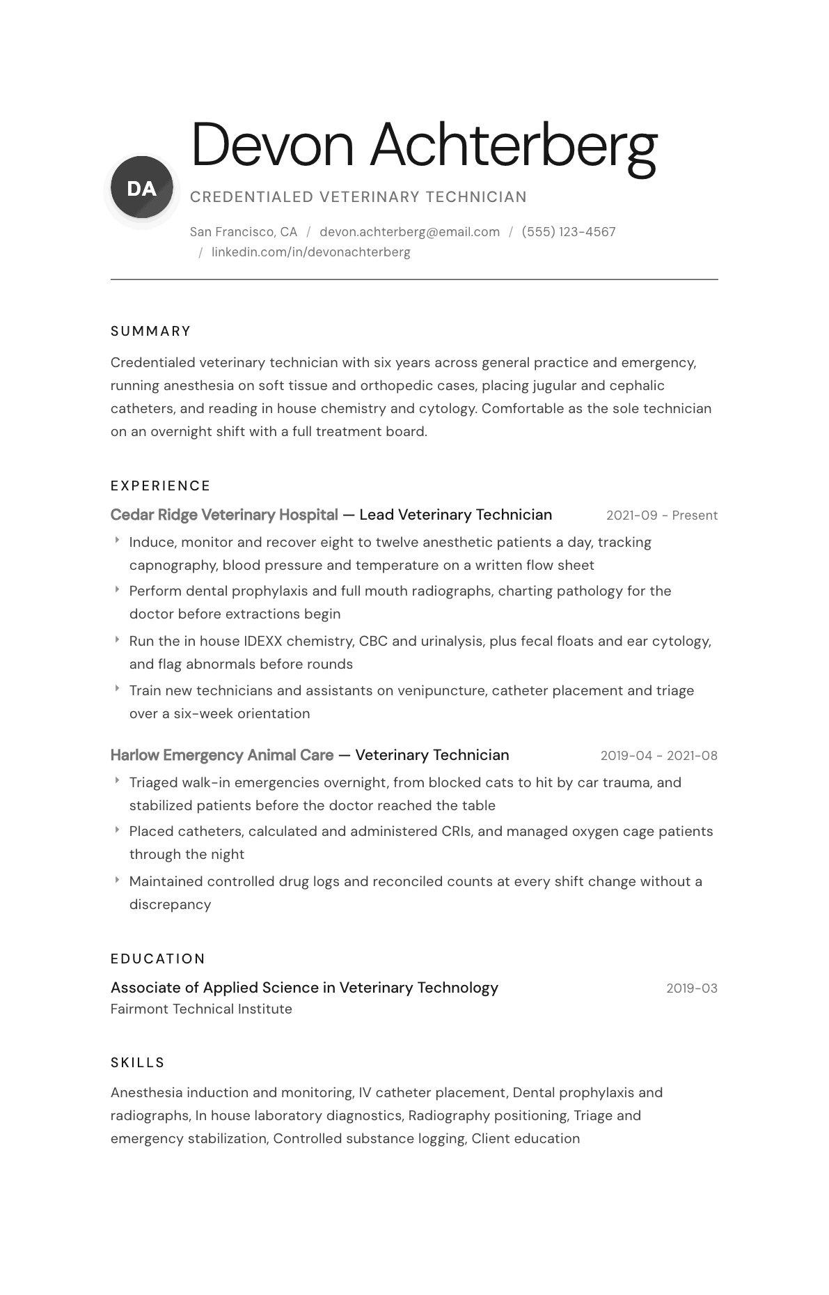 Veterinary Technician resume example, Whisper template