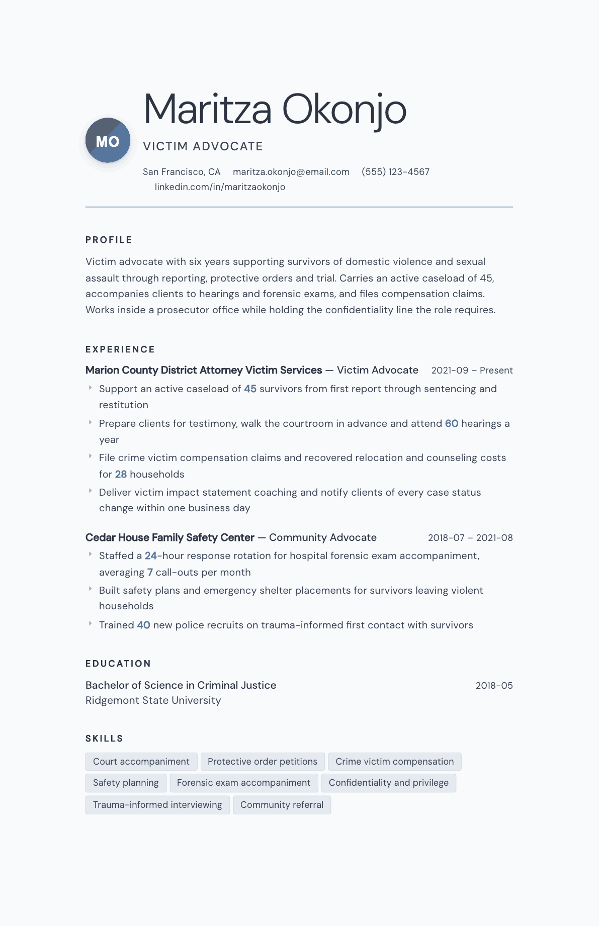 Victim Advocate resume example, Nordic template