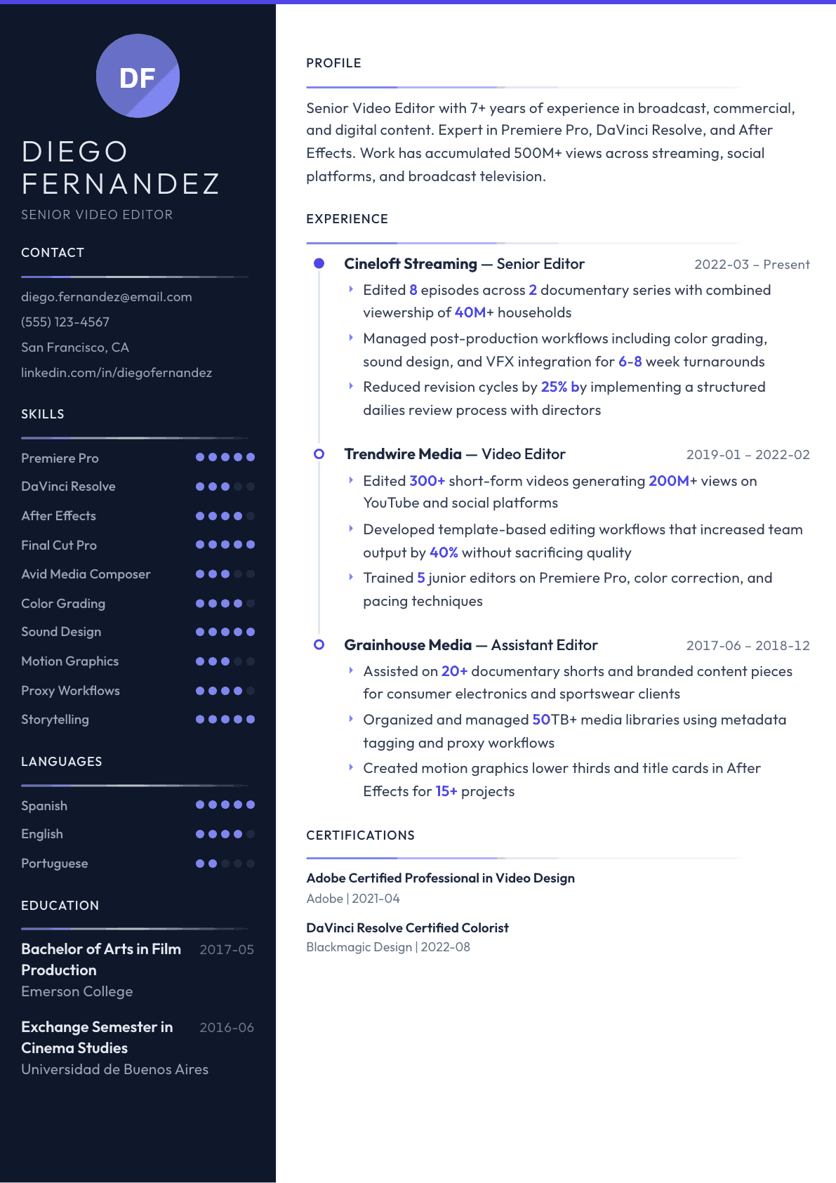 Video Editor resume example, Zenith template