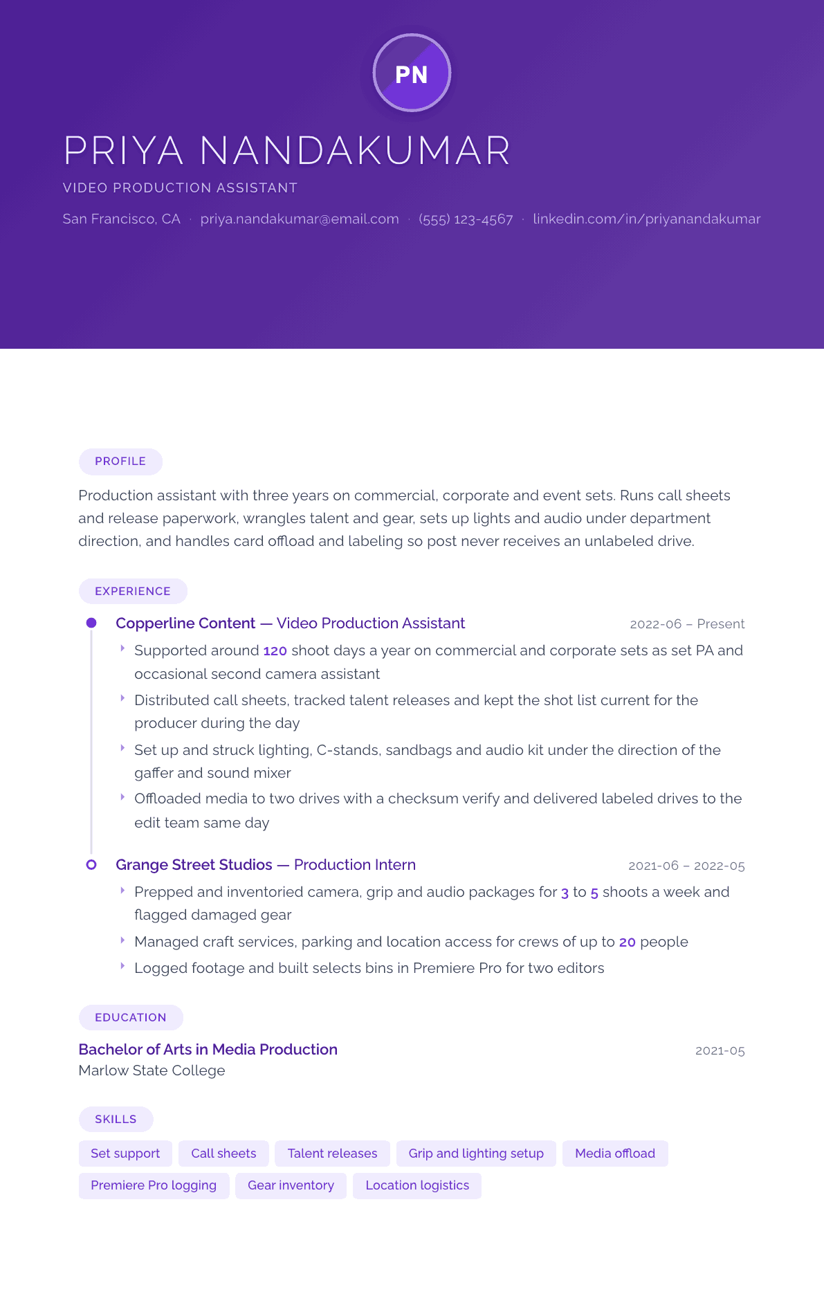 Video Production Assistant resume example, Canvas template