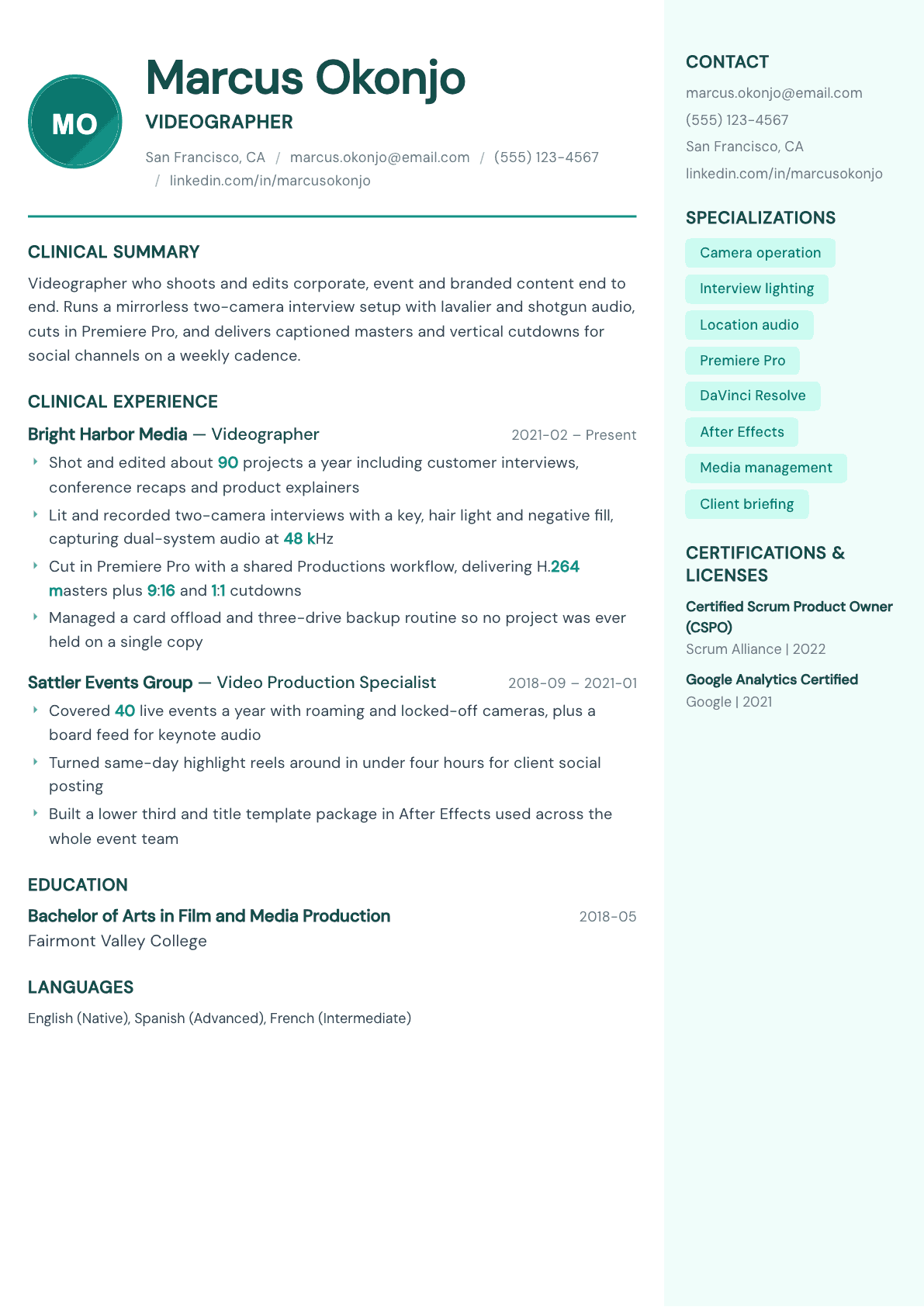Videographer resume example, Remedy template