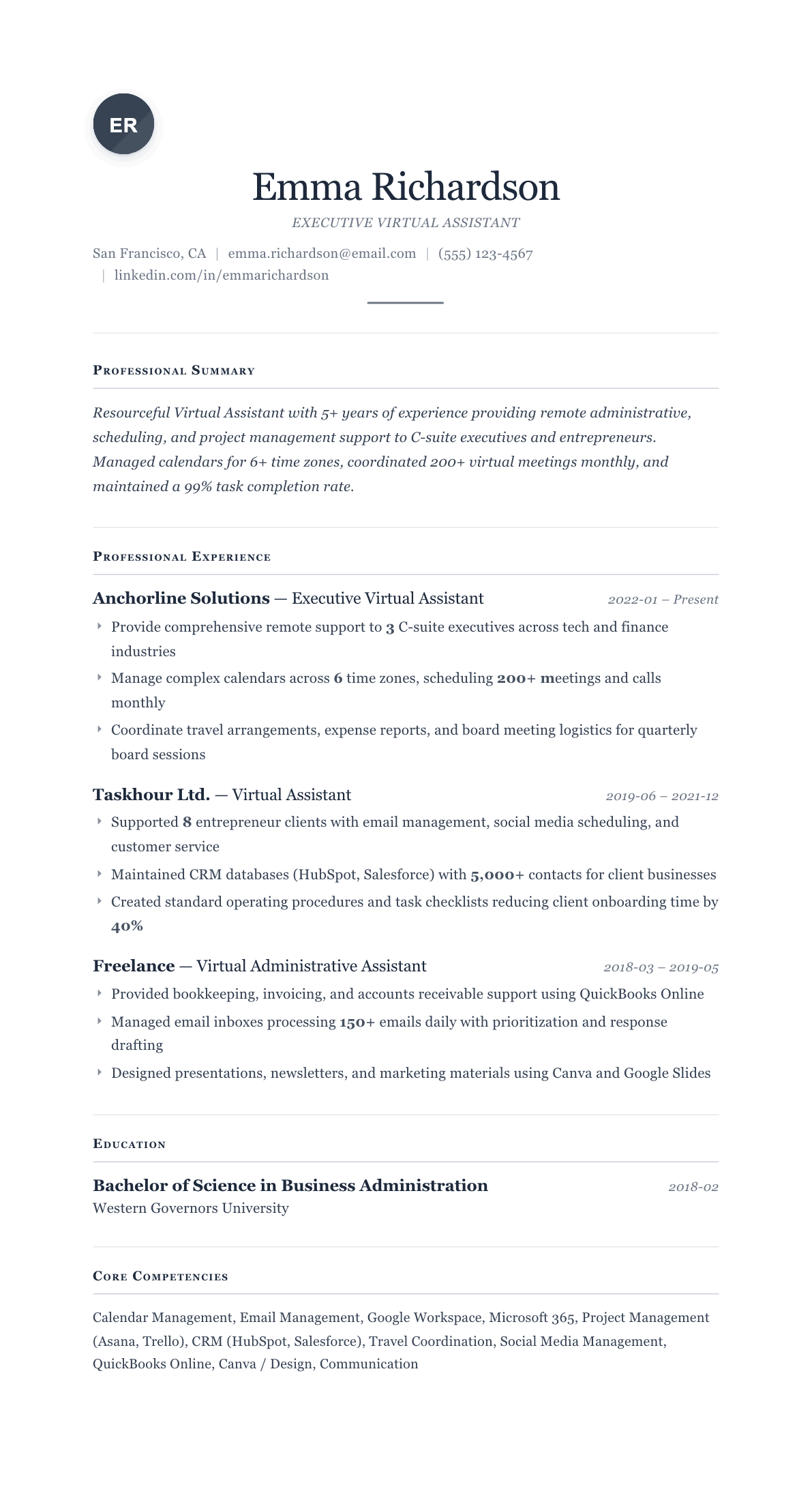 Virtual Assistant resume example, Cornerstone template