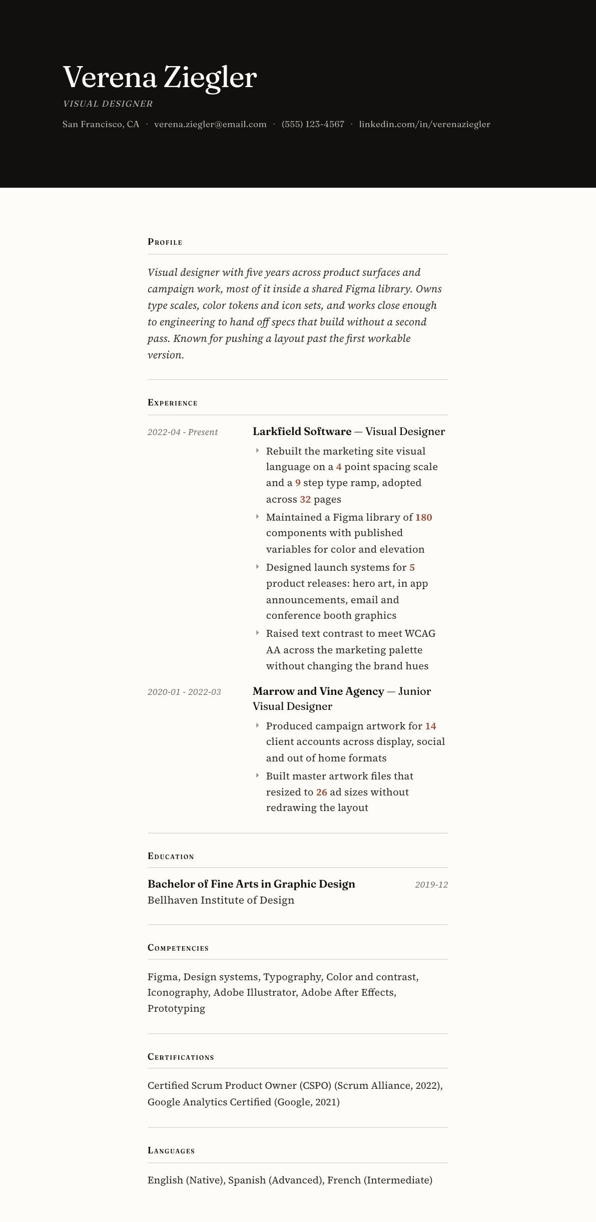 Visual Designer resume example, Broadsheet template