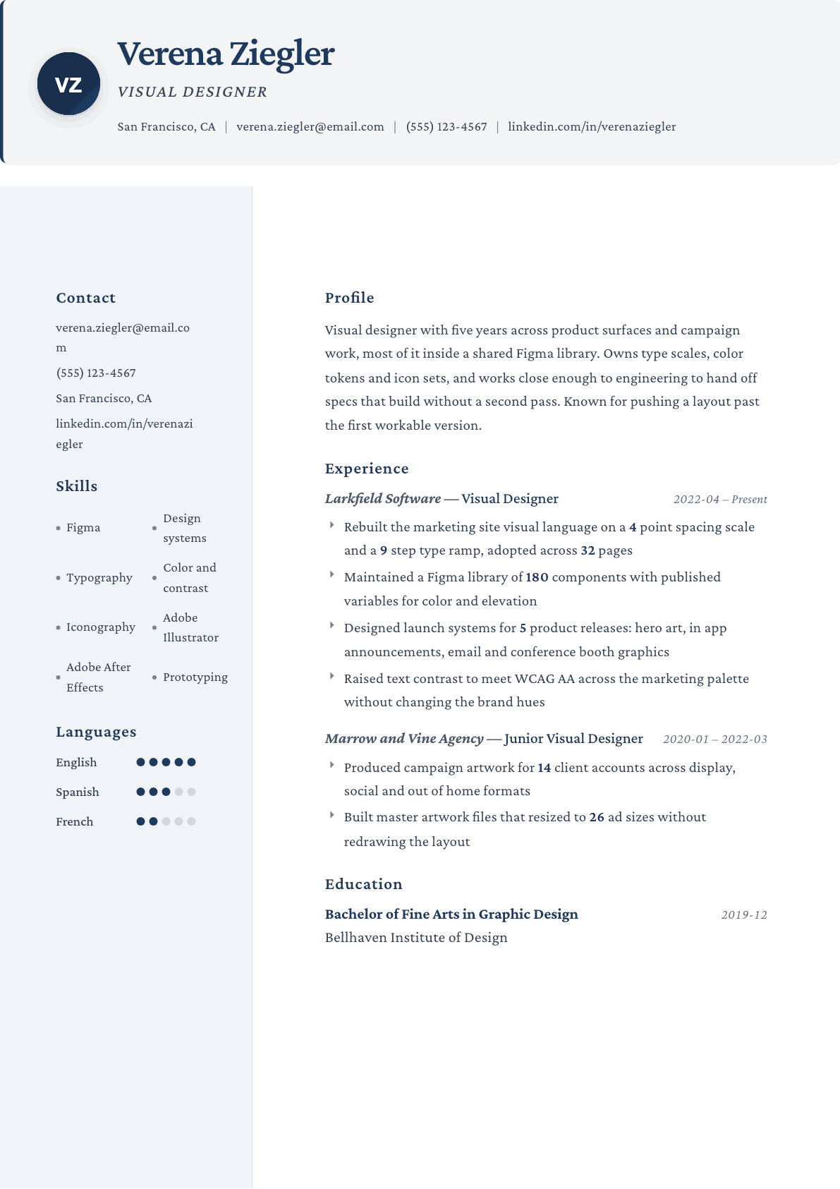 Visual Designer resume example, Formal template