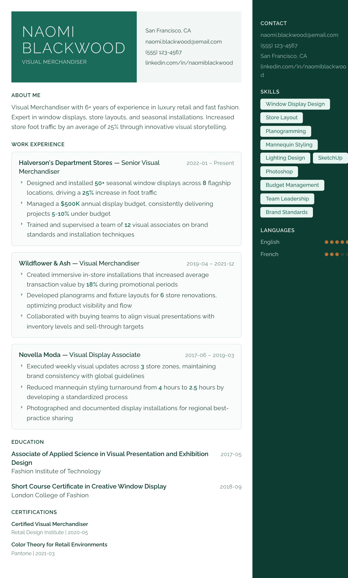 Visual Merchandiser resume example, Aurora template
