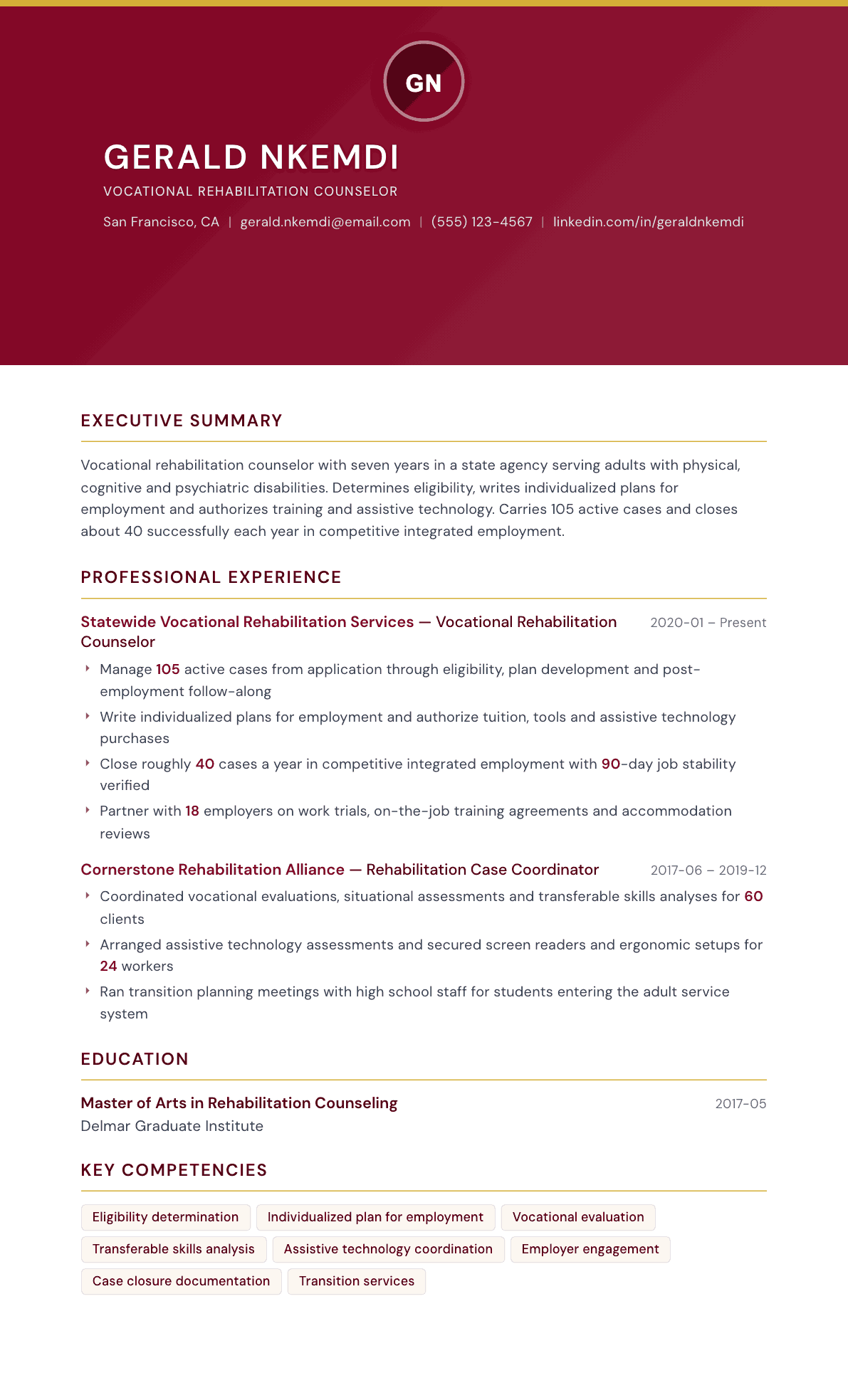 Vocational Rehabilitation Counselor resume example, Viceroy template