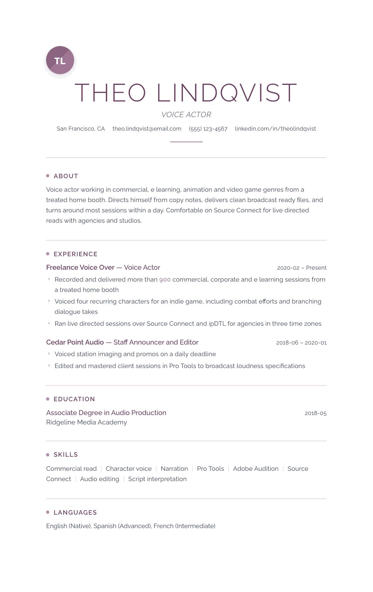 Voice Actor resume example, Serenity template