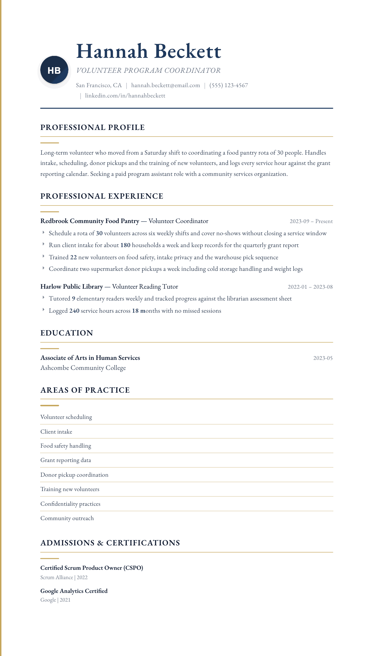 Volunteer resume example, Folio template